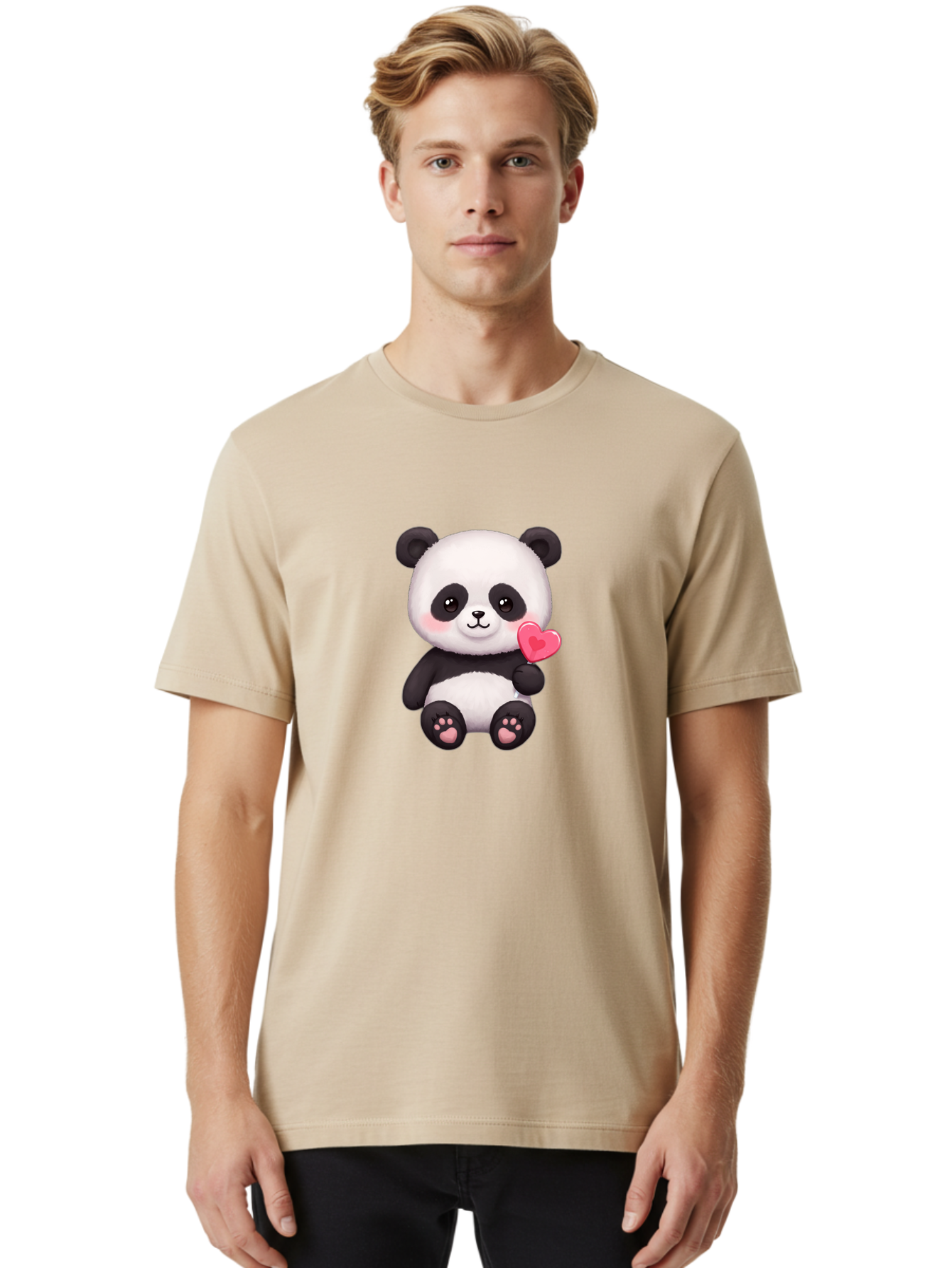 Panda-With-Heart-2 Men'S Graphic Tee, 100% Cotton, Comfortable Casual Summer Wear, Machine Washable, Cute Panda Bear, Holding Heart, Adorable Animal, Cartoon Character, Pink Heart, Love Symbol, Kawaii Illustration, Fuzzy Texture, Bae620