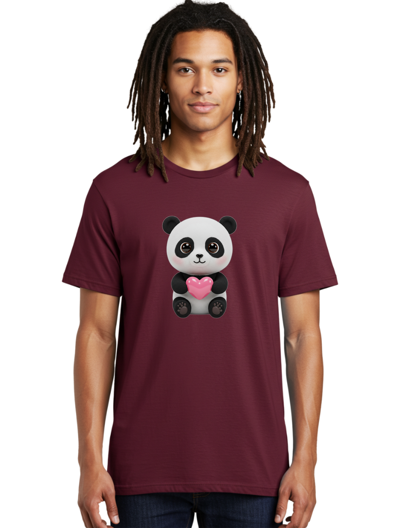 Panda-With-Heart Men'S Graphic Tee, 100% Cotton, Comfortable Casual Summer Wear, Machine Washable, Kawaii Panda Bear, Cute Cartoon Character, Pink Heart Symbol, Adorable Illustration, Love And Affection, Digital Art, Heartwarming Scene, Bae621
