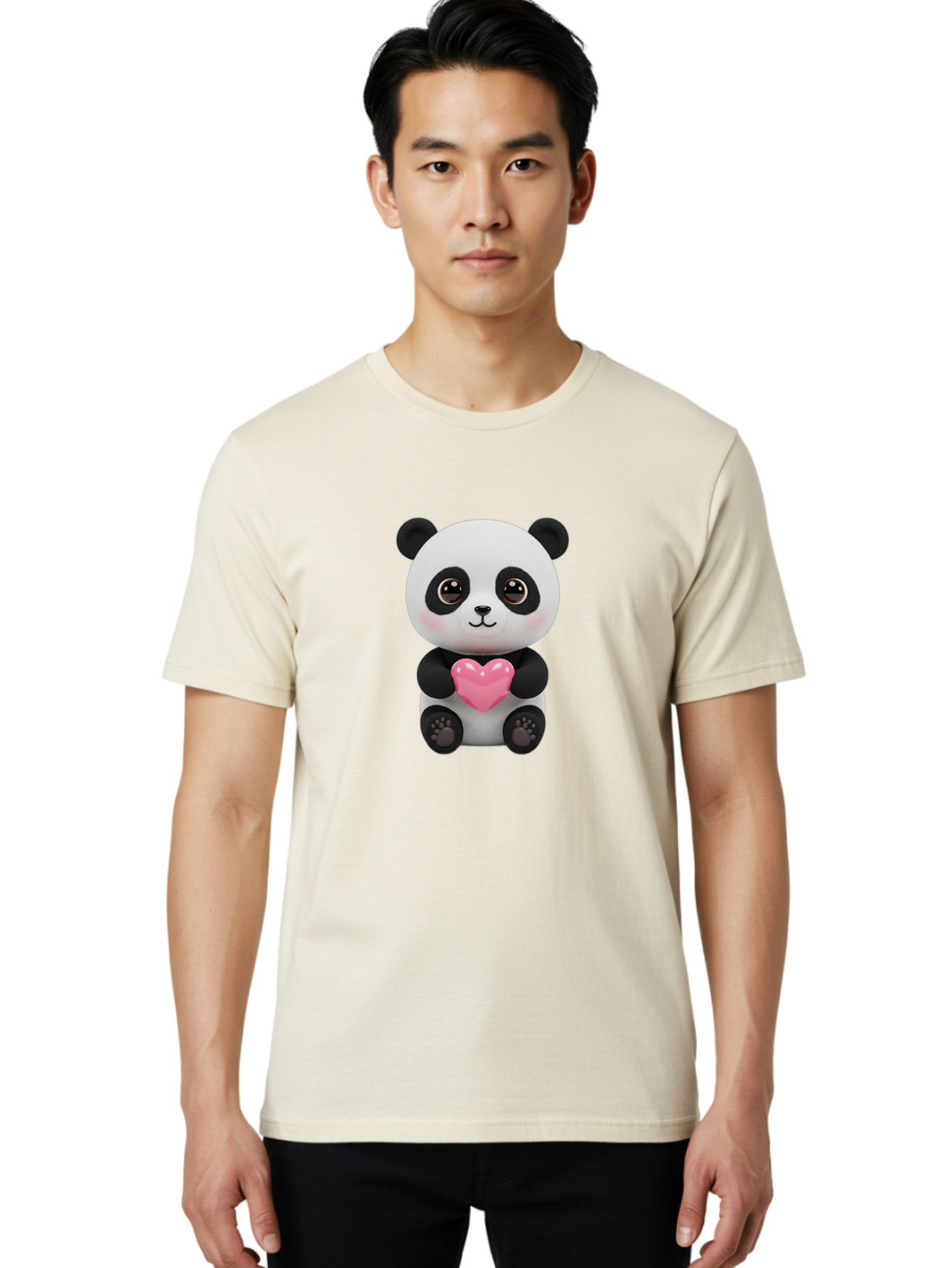 Panda-With-Heart Men'S Graphic Tee, 100% Cotton, Comfortable Casual Summer Wear, Machine Washable, Kawaii Panda Bear, Cute Cartoon Character, Pink Heart Symbol, Adorable Illustration, Love And Affection, Digital Art, Heartwarming Scene, Bae621