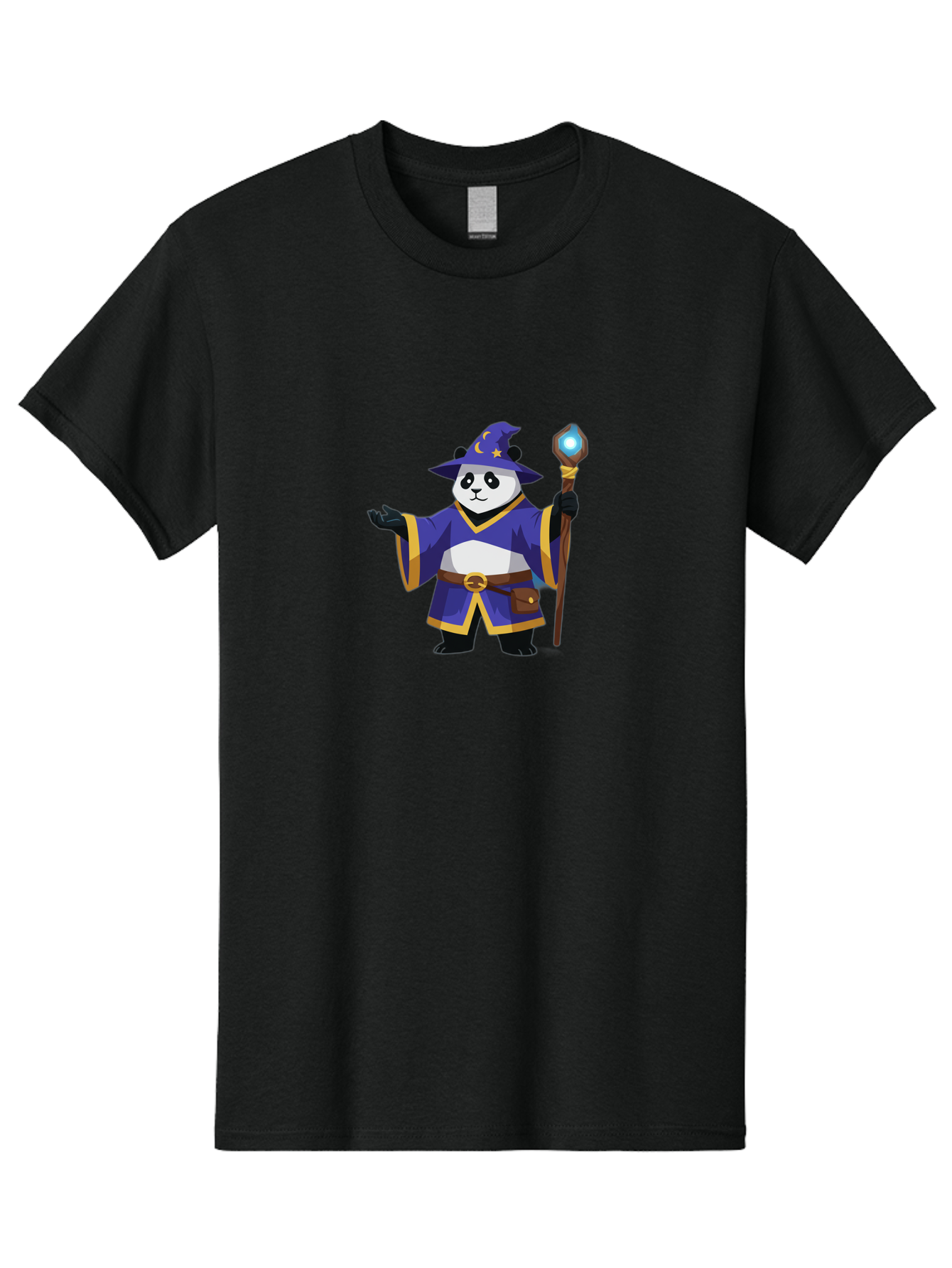 Panda-Wizard-1 Men'S Graphic Tee, 100% Cotton, Comfortable Casual Summer Wear, Machine Washable, Cartoon Panda Wizard, Magical Creature, Fantasy Character, Mystical Staff, Purple Robe, Yellow Trim, Crescent Moon, Stars, Magic Spell, Bae622