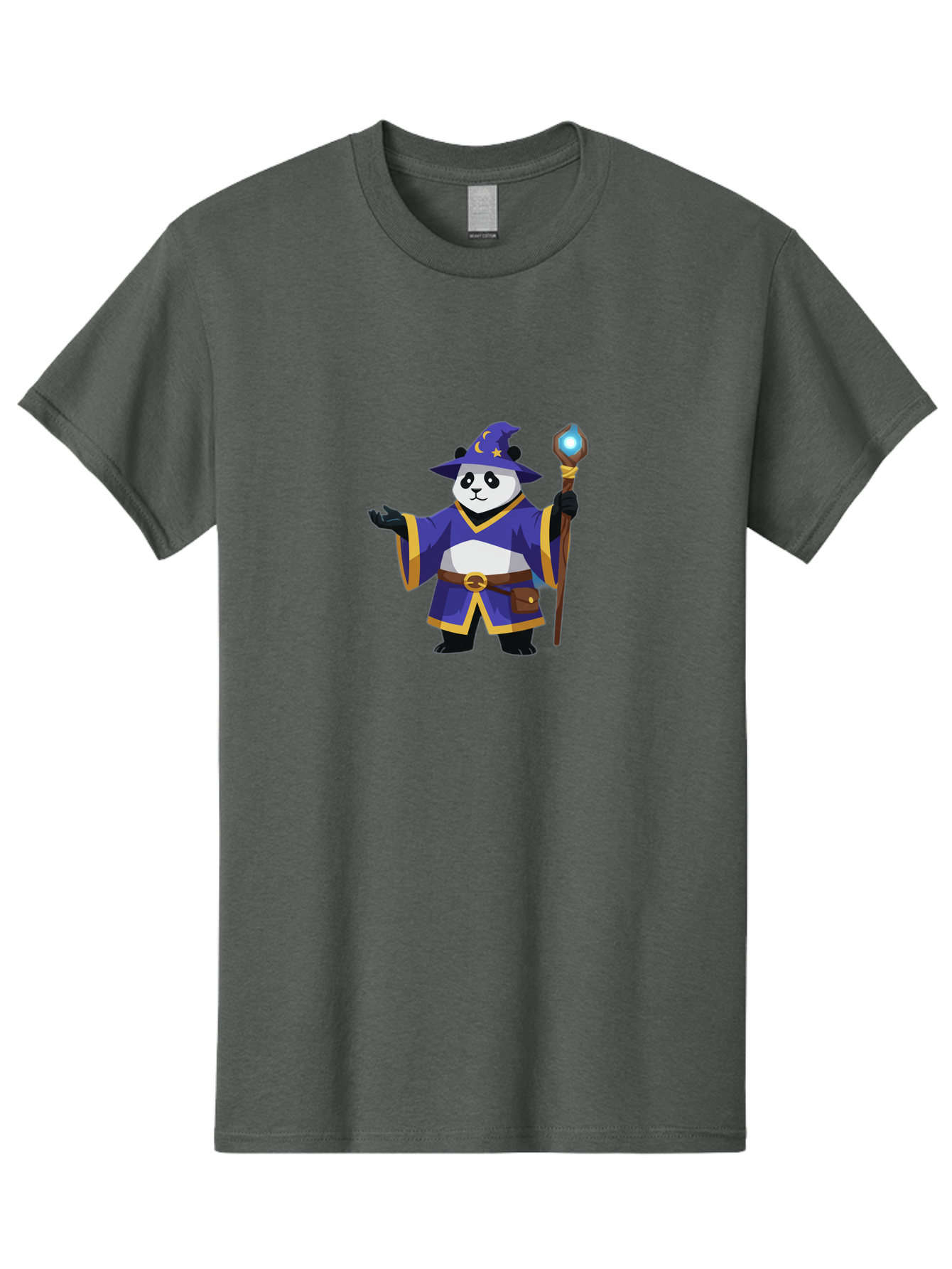 Panda-Wizard-1 Men'S Graphic Tee, 100% Cotton, Comfortable Casual Summer Wear, Machine Washable, Cartoon Panda Wizard, Magical Creature, Fantasy Character, Mystical Staff, Purple Robe, Yellow Trim, Crescent Moon, Stars, Magic Spell, Bae622