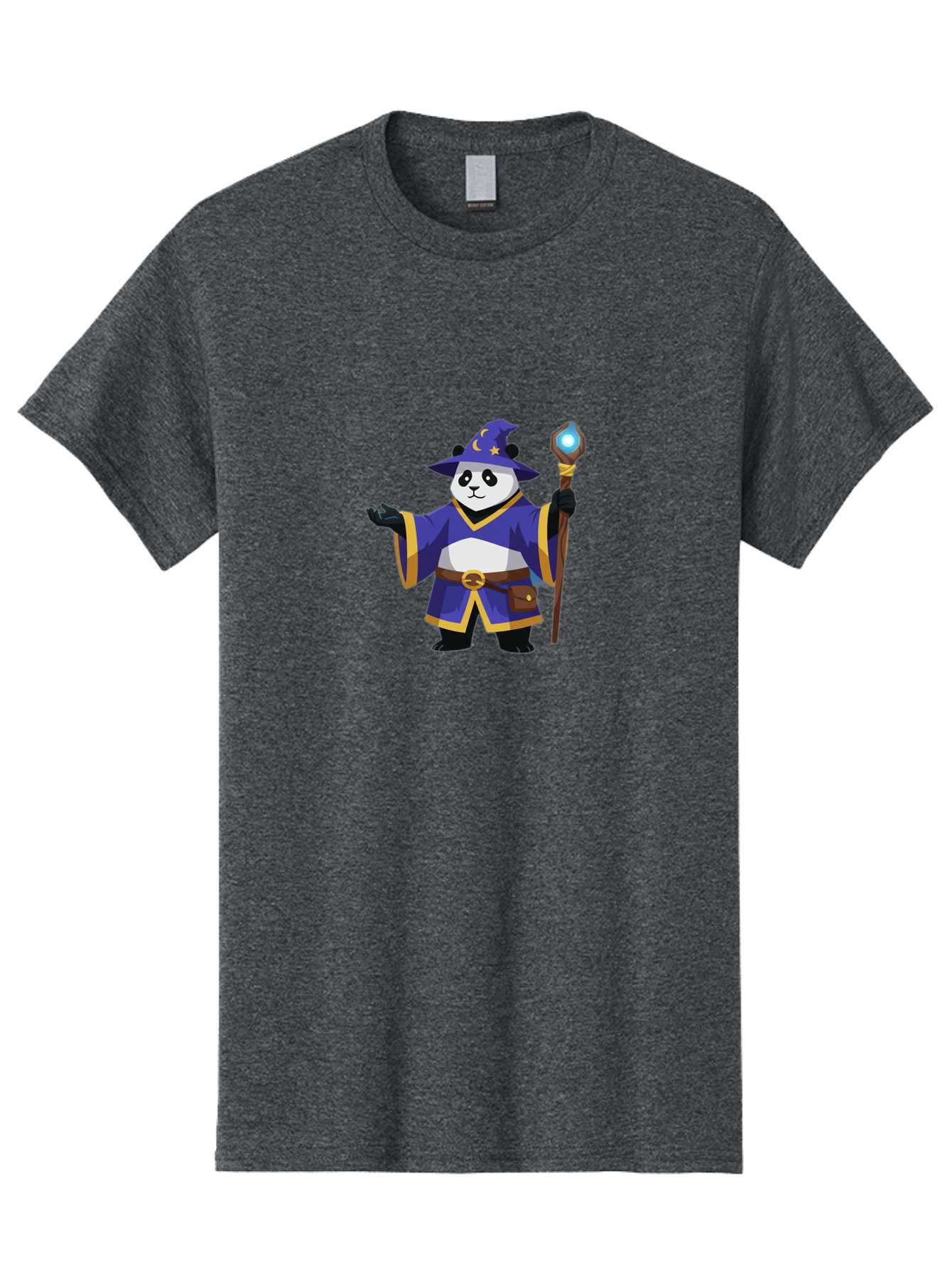 Panda-Wizard-1 Men'S Graphic Tee, 100% Cotton, Comfortable Casual Summer Wear, Machine Washable, Cartoon Panda Wizard, Magical Creature, Fantasy Character, Mystical Staff, Purple Robe, Yellow Trim, Crescent Moon, Stars, Magic Spell, Bae622