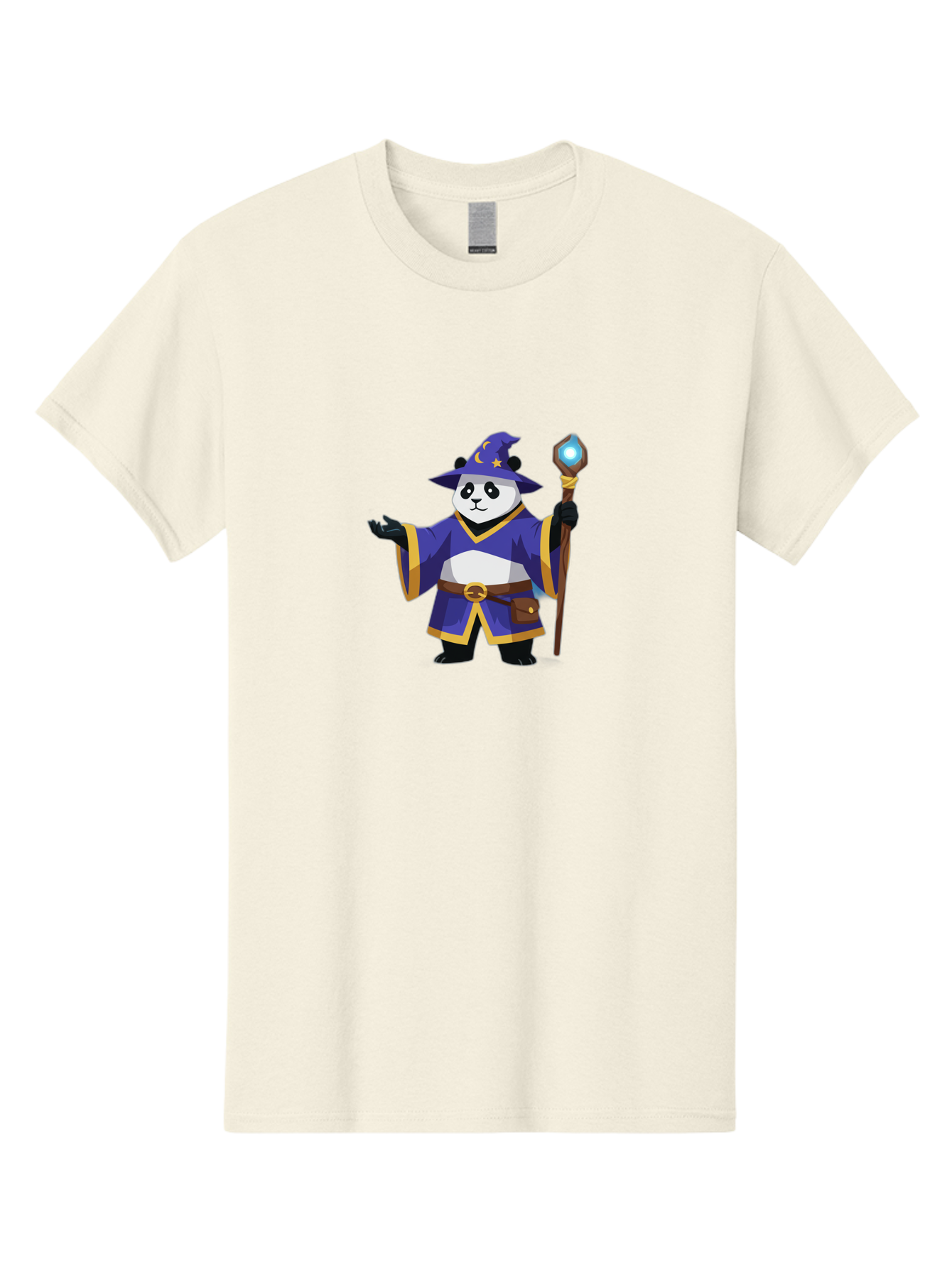 Panda-Wizard-1 Men'S Graphic Tee, 100% Cotton, Comfortable Casual Summer Wear, Machine Washable, Cartoon Panda Wizard, Magical Creature, Fantasy Character, Mystical Staff, Purple Robe, Yellow Trim, Crescent Moon, Stars, Magic Spell, Bae622