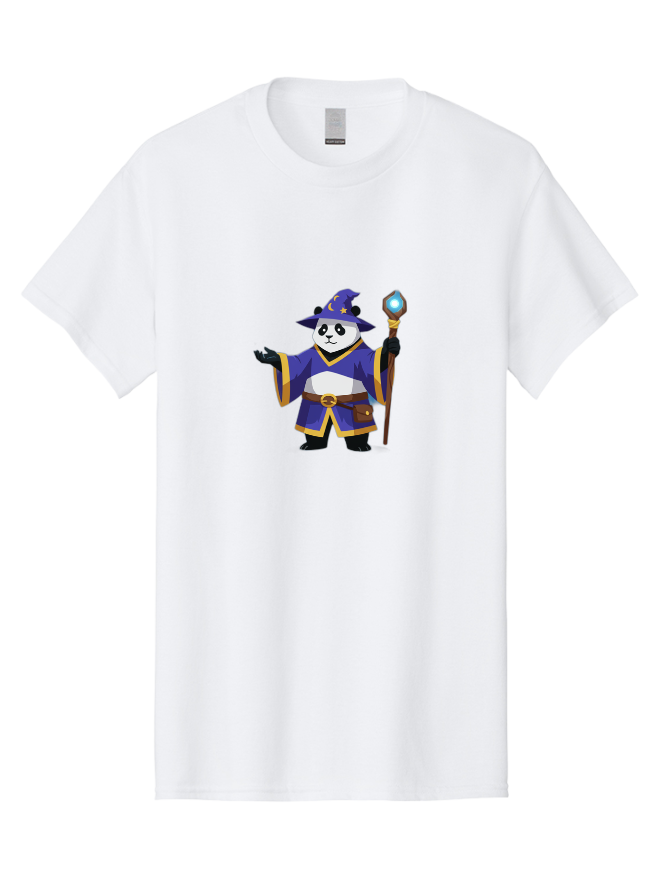 Panda-Wizard-1 Men'S Graphic Tee, 100% Cotton, Comfortable Casual Summer Wear, Machine Washable, Cartoon Panda Wizard, Magical Creature, Fantasy Character, Mystical Staff, Purple Robe, Yellow Trim, Crescent Moon, Stars, Magic Spell, Bae622