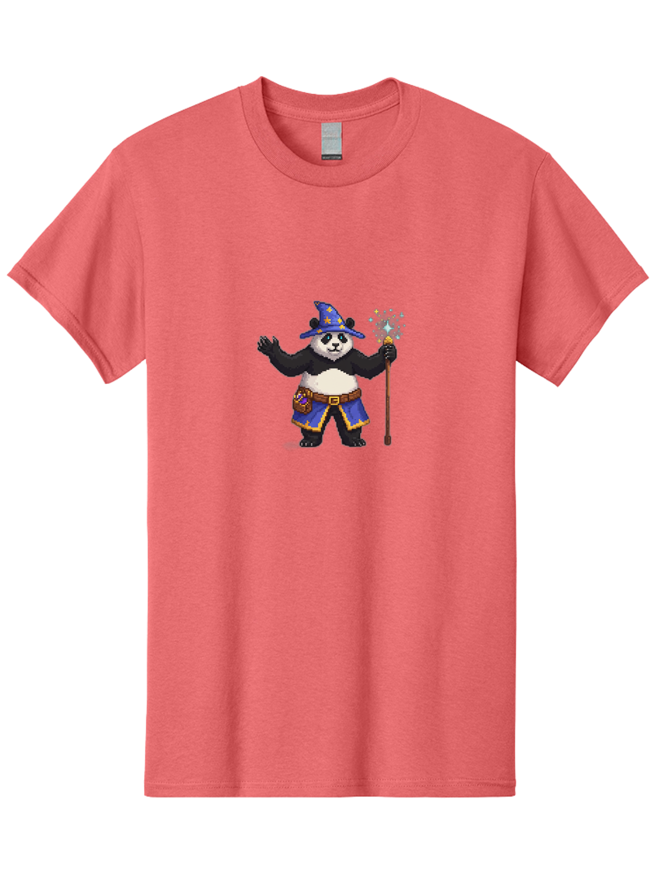 Panda-Wizard-2 Men'S Graphic Tee, 100% Cotton, Comfortable Casual Summer Wear, Machine Washable, Pixel Art, Panda Bear, Wizard Hat, Magic Wand, Fantasy Character, Pixelated Illustration, Cartoon Style, Magical Creature, Blue Robes, Bae623