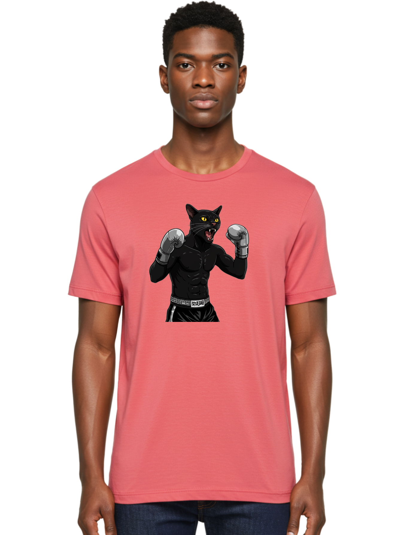 Panther-Boxing Men'S Graphic Tee, 100% Cotton, Comfortable Casual Summer Wear, Machine Washable, Boxing Cat, Muscular Cat, Black Panther, Cat With Boxing Gloves, Fight Mode, Riptide, Feline Boxer, Intense Expression, Cartoon Character Bae627