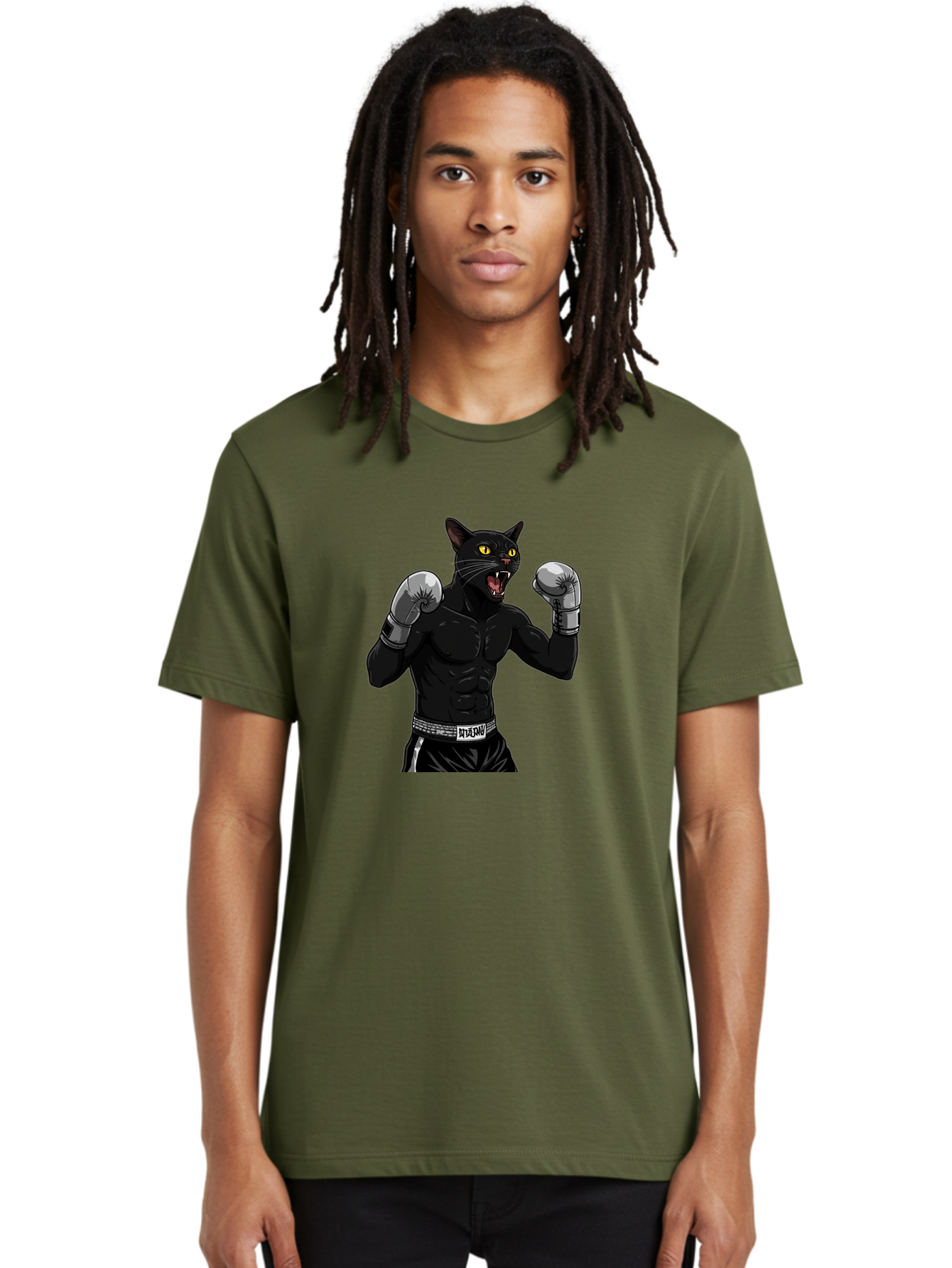 Panther-Boxing Men'S Graphic Tee, 100% Cotton, Comfortable Casual Summer Wear, Machine Washable, Boxing Cat, Muscular Cat, Black Panther, Cat With Boxing Gloves, Fight Mode, Riptide, Feline Boxer, Intense Expression, Cartoon Character Bae627