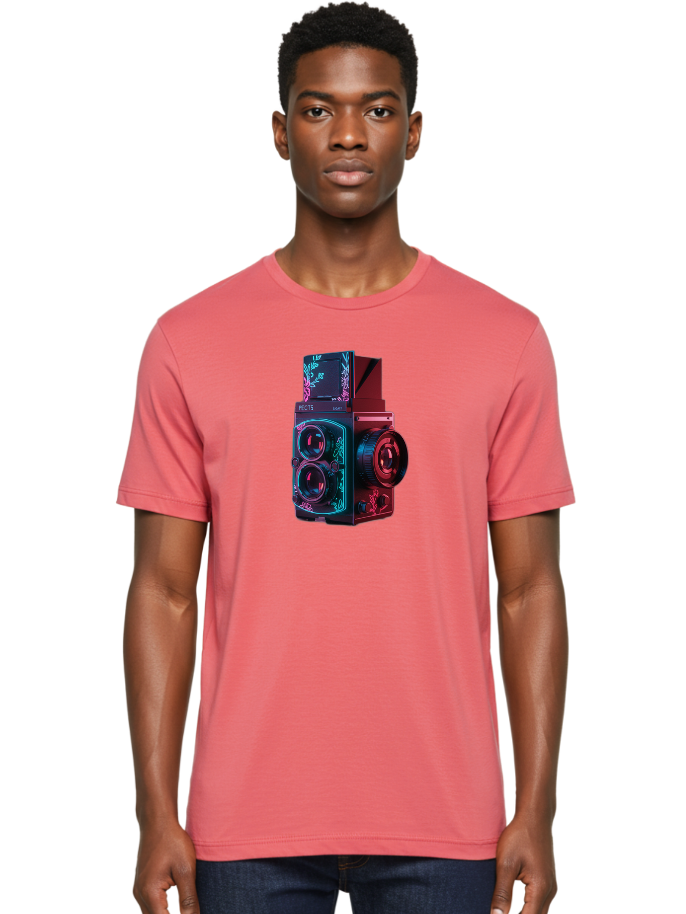 Pects-Lumary Men'S Graphic Tee, 100% Cotton, Comfortable Casual Summer Wear, Machine Washable, Pects Lumary Camera, Professional Photography, Neon Lights, Futuristic Design, Camera Equipment, Floral Patterns, Vibrant Colors, Photography Gear, Bae631