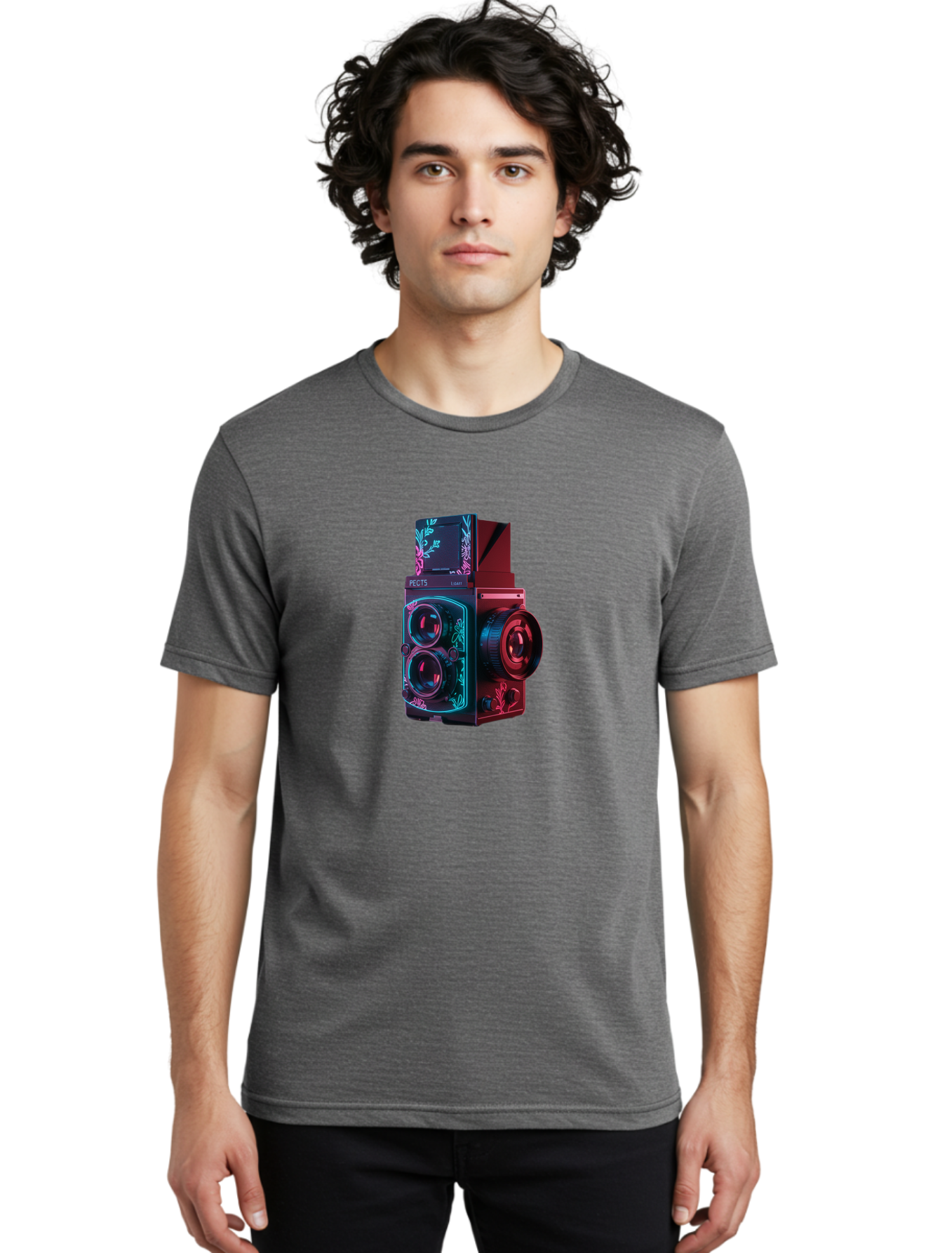 Pects-Lumary Men'S Graphic Tee, 100% Cotton, Comfortable Casual Summer Wear, Machine Washable, Pects Lumary Camera, Professional Photography, Neon Lights, Futuristic Design, Camera Equipment, Floral Patterns, Vibrant Colors, Photography Gear, Bae631