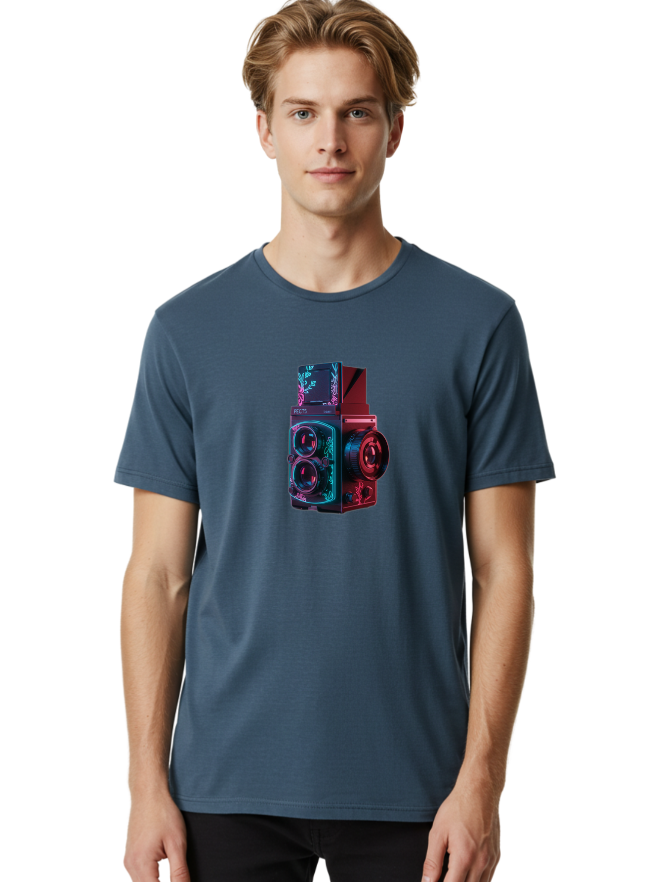 Pects-Lumary Men'S Graphic Tee, 100% Cotton, Comfortable Casual Summer Wear, Machine Washable, Pects Lumary Camera, Professional Photography, Neon Lights, Futuristic Design, Camera Equipment, Floral Patterns, Vibrant Colors, Photography Gear, Bae631