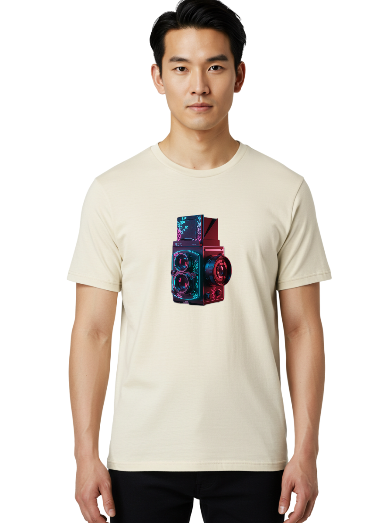 Pects-Lumary Men'S Graphic Tee, 100% Cotton, Comfortable Casual Summer Wear, Machine Washable, Pects Lumary Camera, Professional Photography, Neon Lights, Futuristic Design, Camera Equipment, Floral Patterns, Vibrant Colors, Photography Gear, Bae631