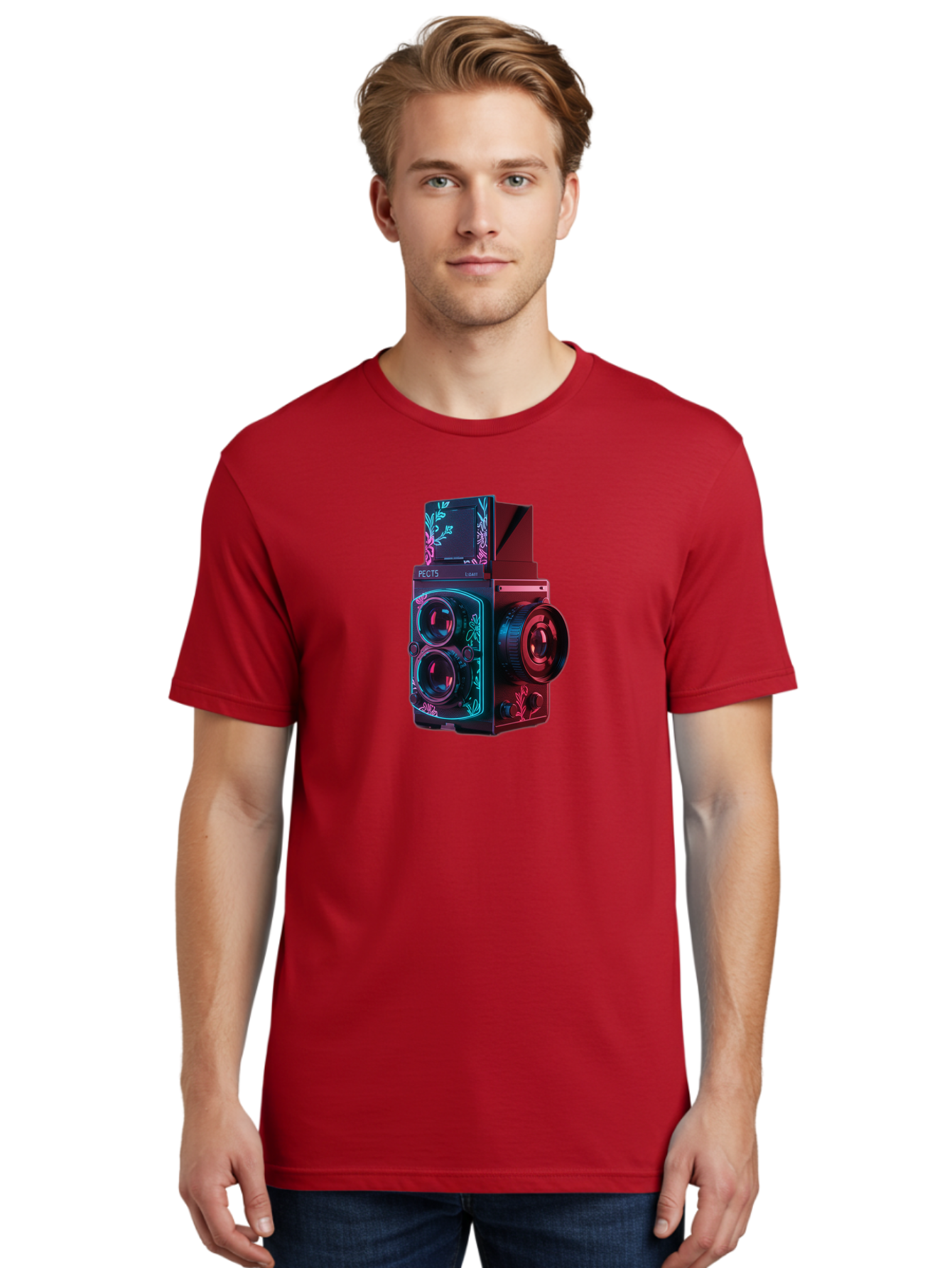 Pects-Lumary Men'S Graphic Tee, 100% Cotton, Comfortable Casual Summer Wear, Machine Washable, Pects Lumary Camera, Professional Photography, Neon Lights, Futuristic Design, Camera Equipment, Floral Patterns, Vibrant Colors, Photography Gear, Bae631