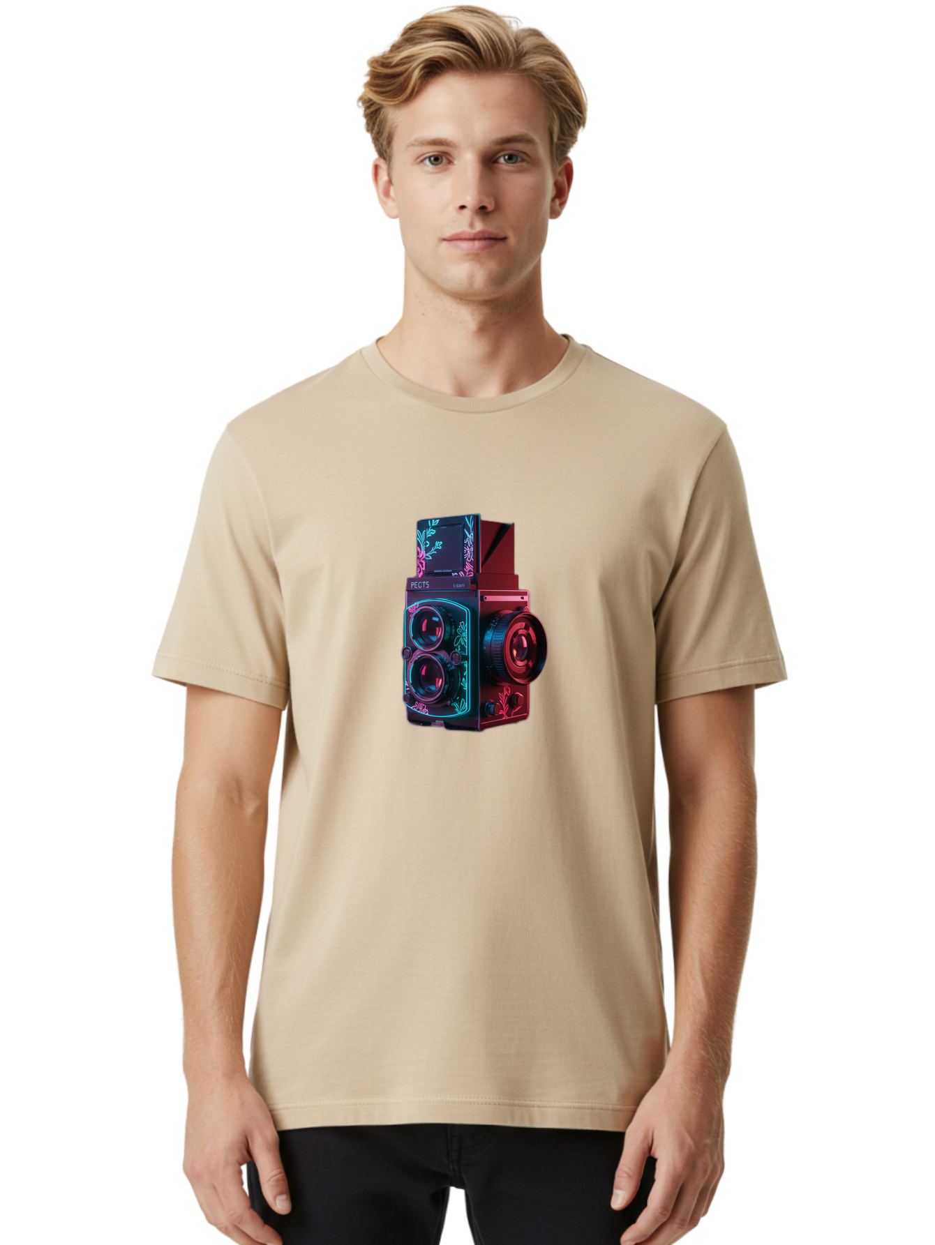 Pects-Lumary Men'S Graphic Tee, 100% Cotton, Comfortable Casual Summer Wear, Machine Washable, Pects Lumary Camera, Professional Photography, Neon Lights, Futuristic Design, Camera Equipment, Floral Patterns, Vibrant Colors, Photography Gear, Bae631
