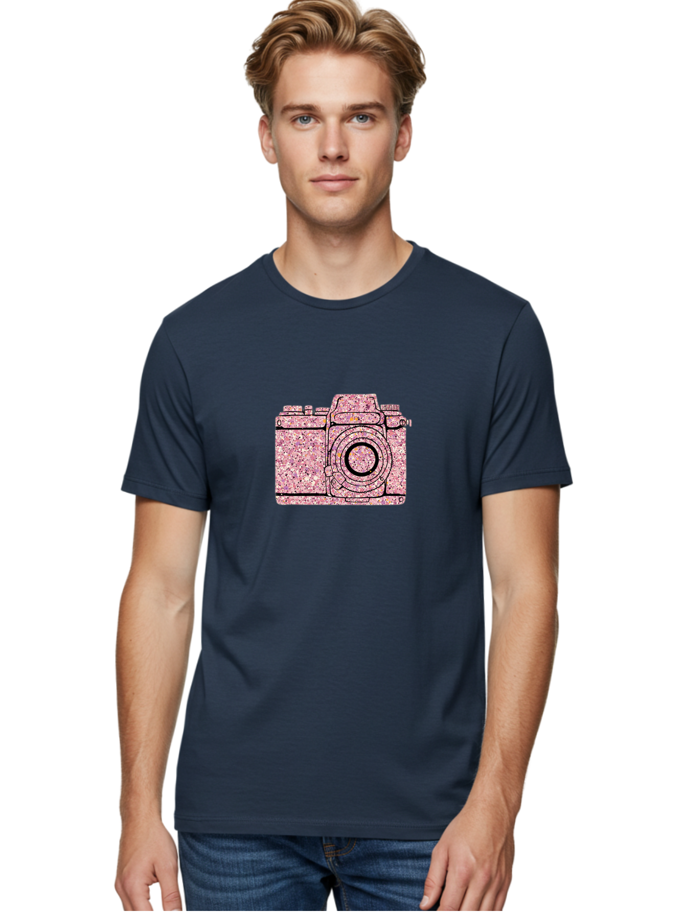 Pink-Camera Men'S Graphic Tee, 100% Cotton, Comfortable Casual Summer Wear, Machine Washable, Pink Camera Illustration, Digital Camera, Photography Equipment, Speckled Texture, Pink And Black Design, Camera, Photography Bae632