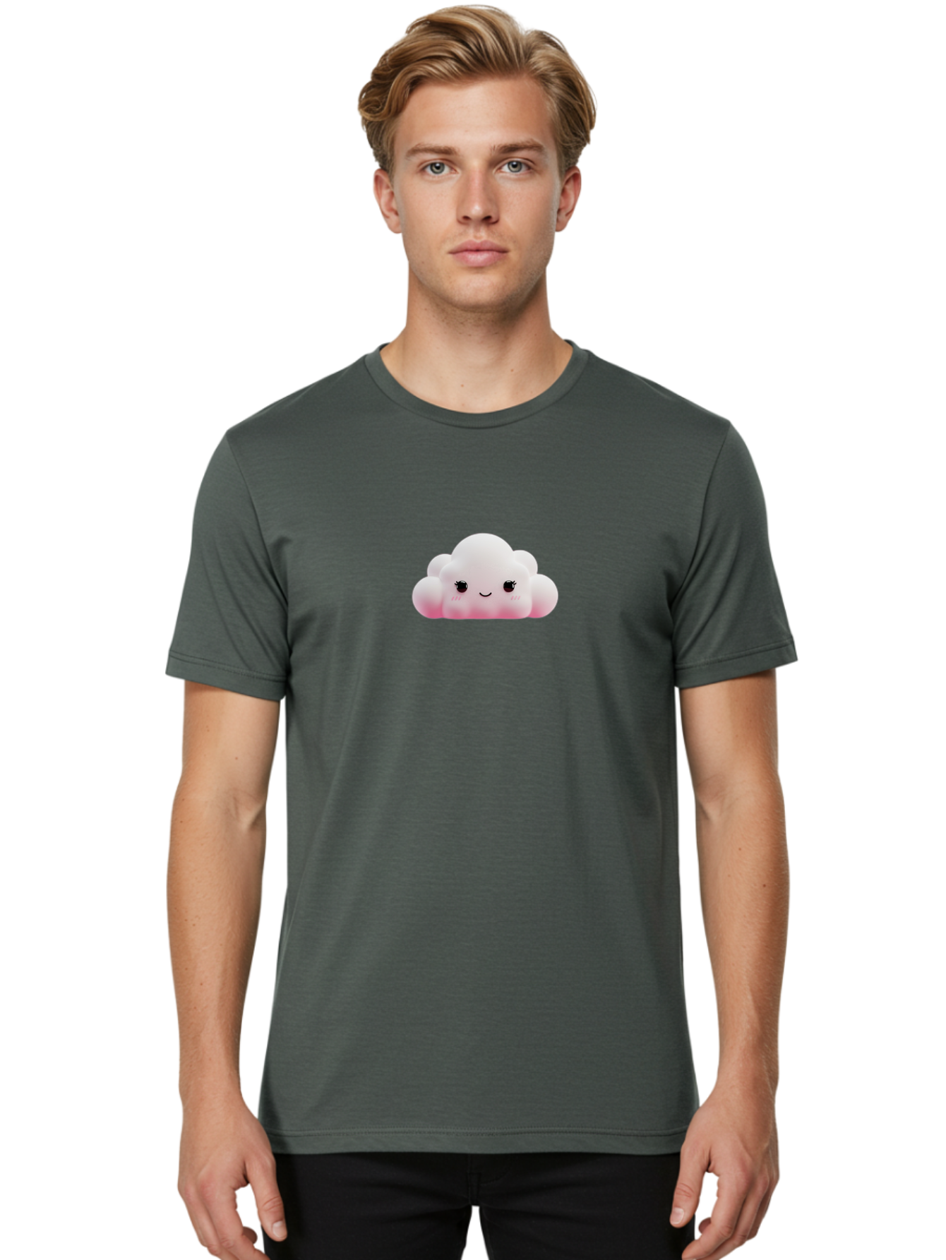 Pink-Cloud Men'S Graphic Tee, 100% Cotton, Comfortable Casual Summer Wear, Machine Washable, Kawaii Cloud, Cute Cartoon Character, Smiling Face, Fluffy White Cloud, Pastel Colors, Cheerful Design, Adorable Illustration, Fluffy Texture Bae634