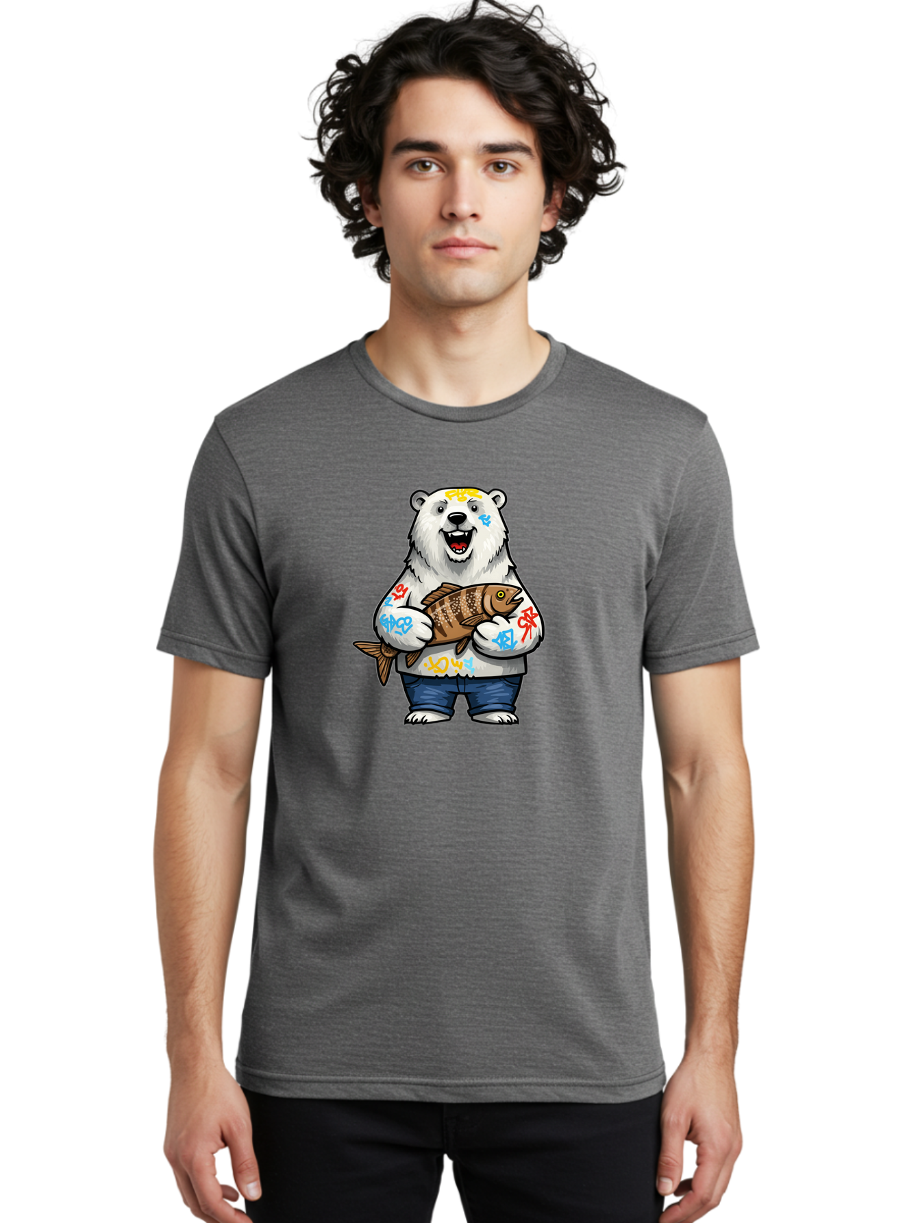 Polar-Bear-1 Men'S Graphic Tee, 100% Cotton, Comfortable Casual Summer Wear, Machine Washable, Polar Bear Holding Fish, Cartoon Character, Graffiti Art, Streetwear Style, Urban Wildlife, Cool Bear, Fish In Hands, Funny Bear, Kawaii Art, Bae638