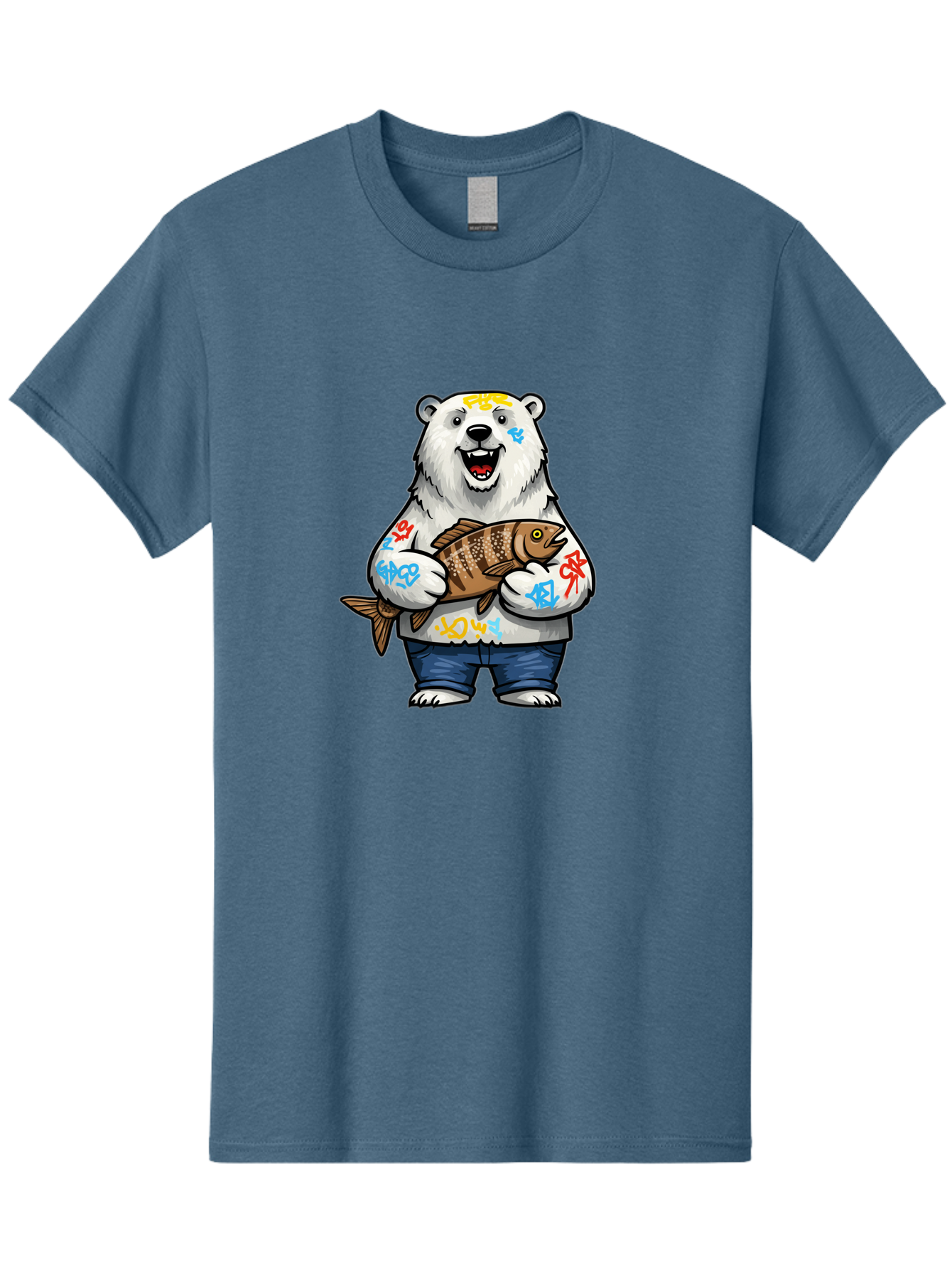 Polar-Bear-1 Men'S Graphic Tee, 100% Cotton, Comfortable Casual Summer Wear, Machine Washable, Polar Bear Holding Fish, Cartoon Character, Graffiti Art, Streetwear Style, Urban Wildlife, Cool Bear, Fish In Hands, Funny Bear, Kawaii Art, Bae638