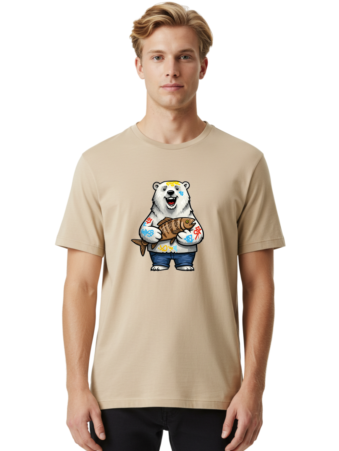 Polar-Bear-1 Men'S Graphic Tee, 100% Cotton, Comfortable Casual Summer Wear, Machine Washable, Polar Bear Holding Fish, Cartoon Character, Graffiti Art, Streetwear Style, Urban Wildlife, Cool Bear, Fish In Hands, Funny Bear, Kawaii Art, Bae638