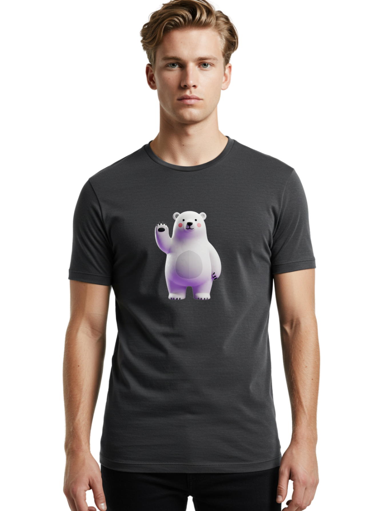 Polar-Bear-3 Men'S Graphic Tee, 100% Cotton, Comfortable Casual Summer Wear, Machine Washable, White Polar Bear, Cute Bear, Cartoon Character, Waving Paw, Friendly Animal, Lovable Creature, Adorable Bear, Digital Illustration, Kawaii Art Bae640