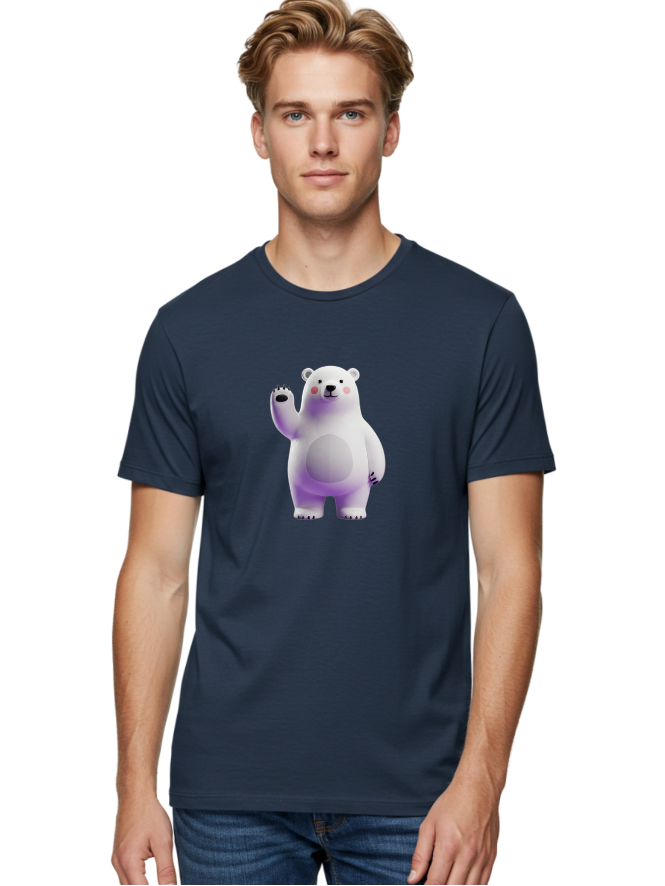 Polar-Bear-3 Men'S Graphic Tee, 100% Cotton, Comfortable Casual Summer Wear, Machine Washable, White Polar Bear, Cute Bear, Cartoon Character, Waving Paw, Friendly Animal, Lovable Creature, Adorable Bear, Digital Illustration, Kawaii Art Bae640