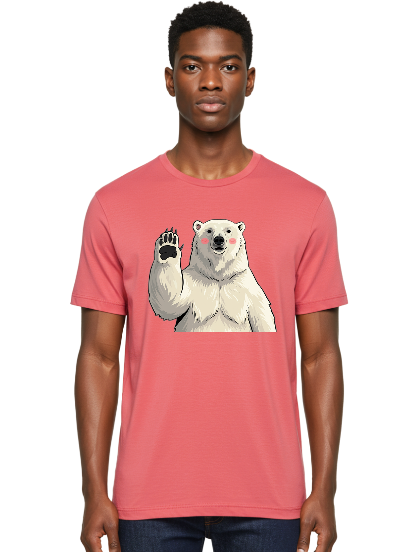 Polar-Bear-4 Men'S Graphic Tee, 100% Cotton, Comfortable Casual Summer Wear, Machine Washable, Cute Polar Bear, Waving Paw, Friendly Gesture, Adorable Cartoon, Pink Blush Cheeks, White Fur, Black Nose, Cartoon Character, Kawaii Design Bae641
