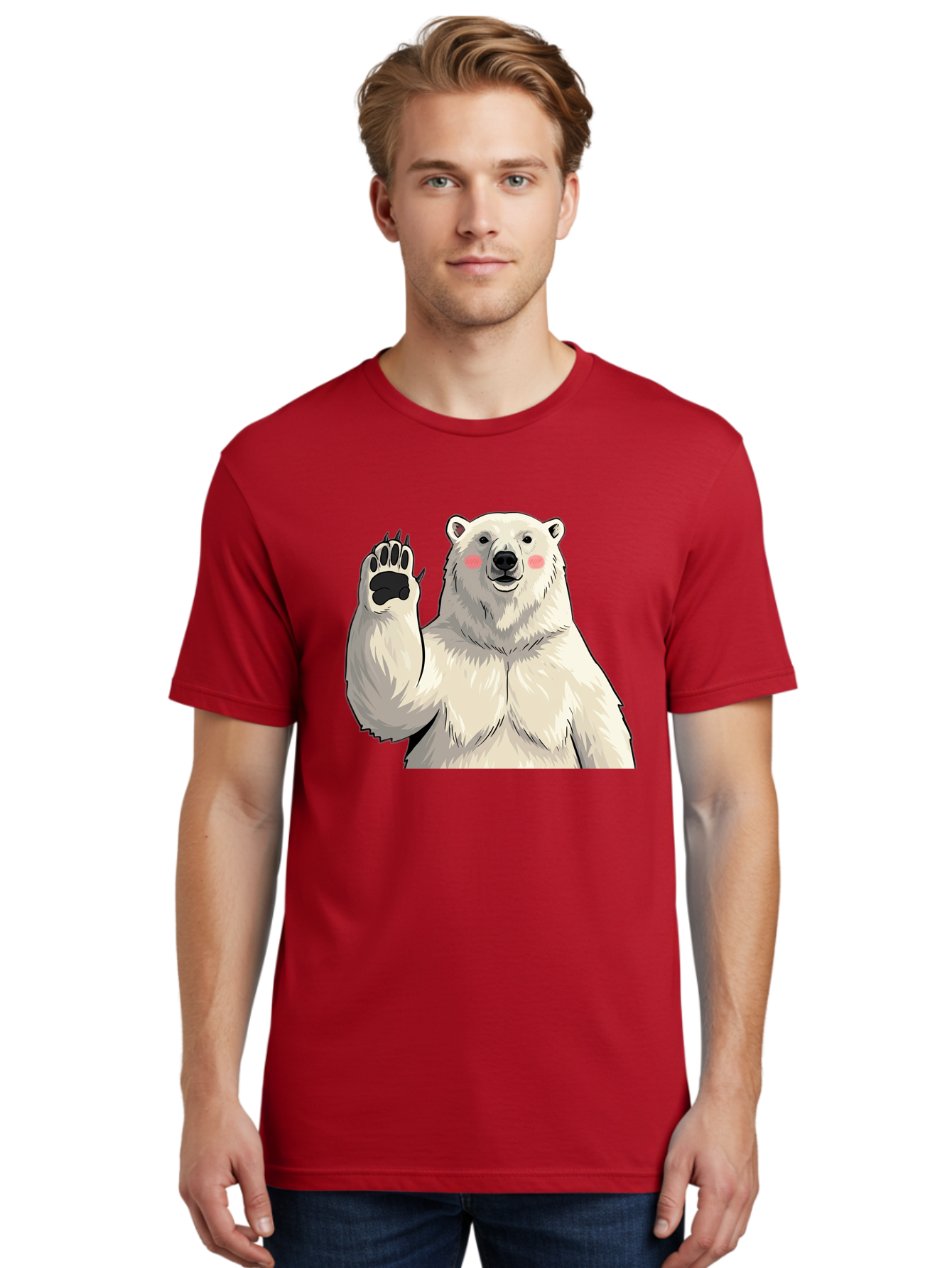 Polar-Bear-4 Men'S Graphic Tee, 100% Cotton, Comfortable Casual Summer Wear, Machine Washable, Cute Polar Bear, Waving Paw, Friendly Gesture, Adorable Cartoon, Pink Blush Cheeks, White Fur, Black Nose, Cartoon Character, Kawaii Design Bae641