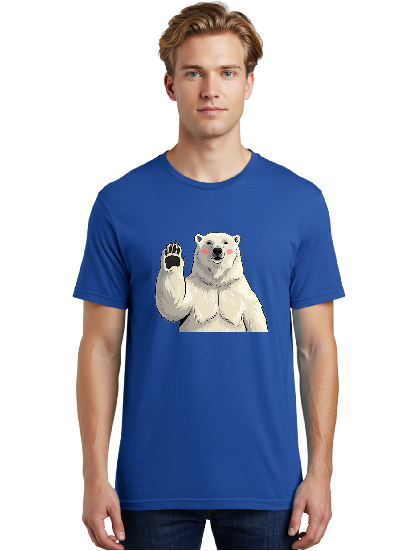 Polar-Bear-4 Men'S Graphic Tee, 100% Cotton, Comfortable Casual Summer Wear, Machine Washable, Cute Polar Bear, Waving Paw, Friendly Gesture, Adorable Cartoon, Pink Blush Cheeks, White Fur, Black Nose, Cartoon Character, Kawaii Design Bae641