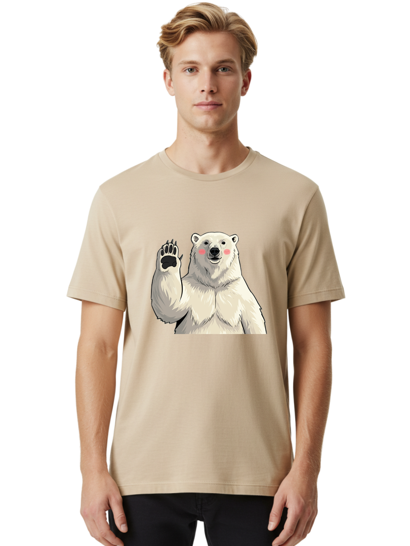 Polar-Bear-4 Men'S Graphic Tee, 100% Cotton, Comfortable Casual Summer Wear, Machine Washable, Cute Polar Bear, Waving Paw, Friendly Gesture, Adorable Cartoon, Pink Blush Cheeks, White Fur, Black Nose, Cartoon Character, Kawaii Design Bae641
