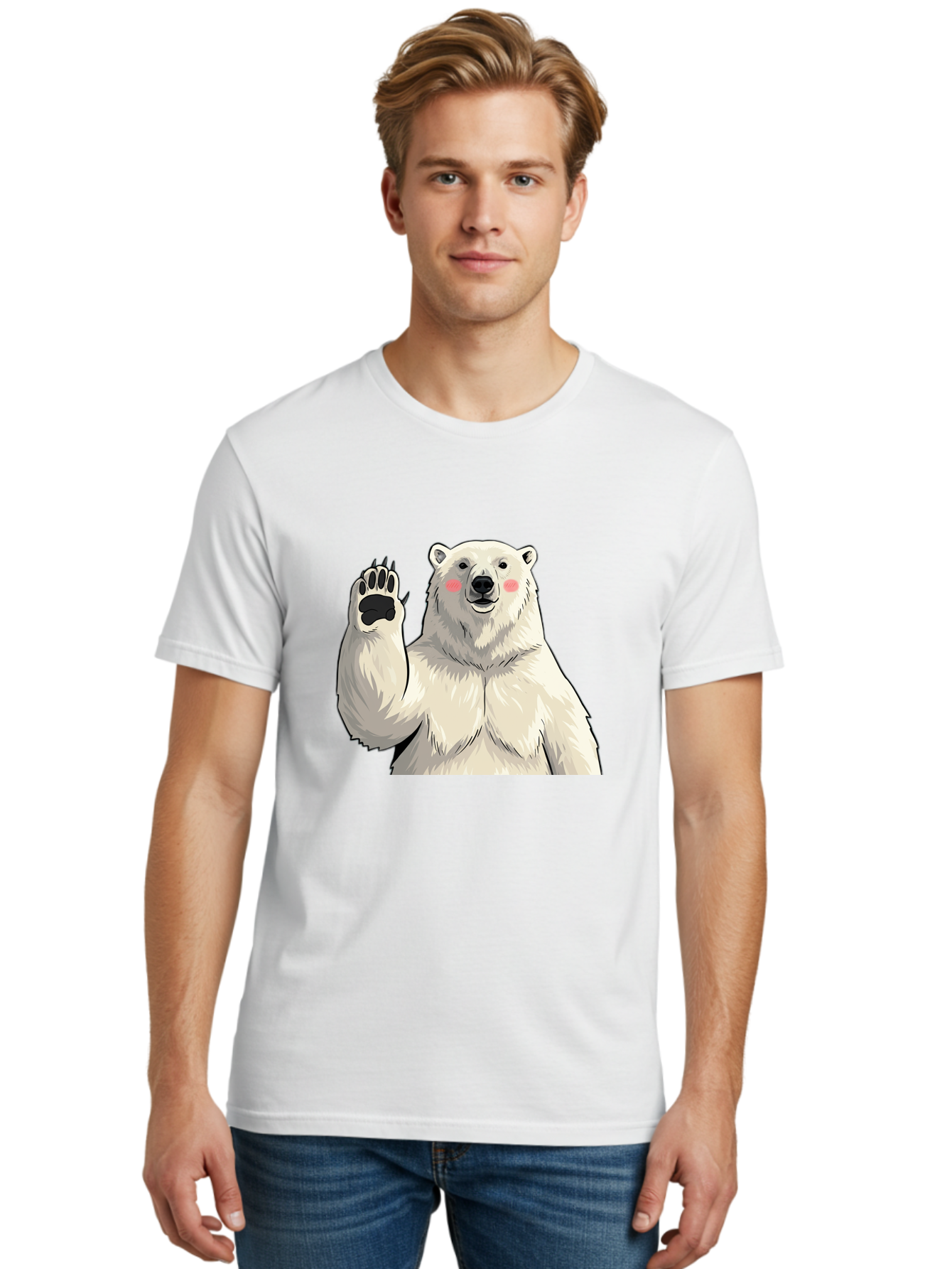 Polar-Bear-4 Men'S Graphic Tee, 100% Cotton, Comfortable Casual Summer Wear, Machine Washable, Cute Polar Bear, Waving Paw, Friendly Gesture, Adorable Cartoon, Pink Blush Cheeks, White Fur, Black Nose, Cartoon Character, Kawaii Design Bae641