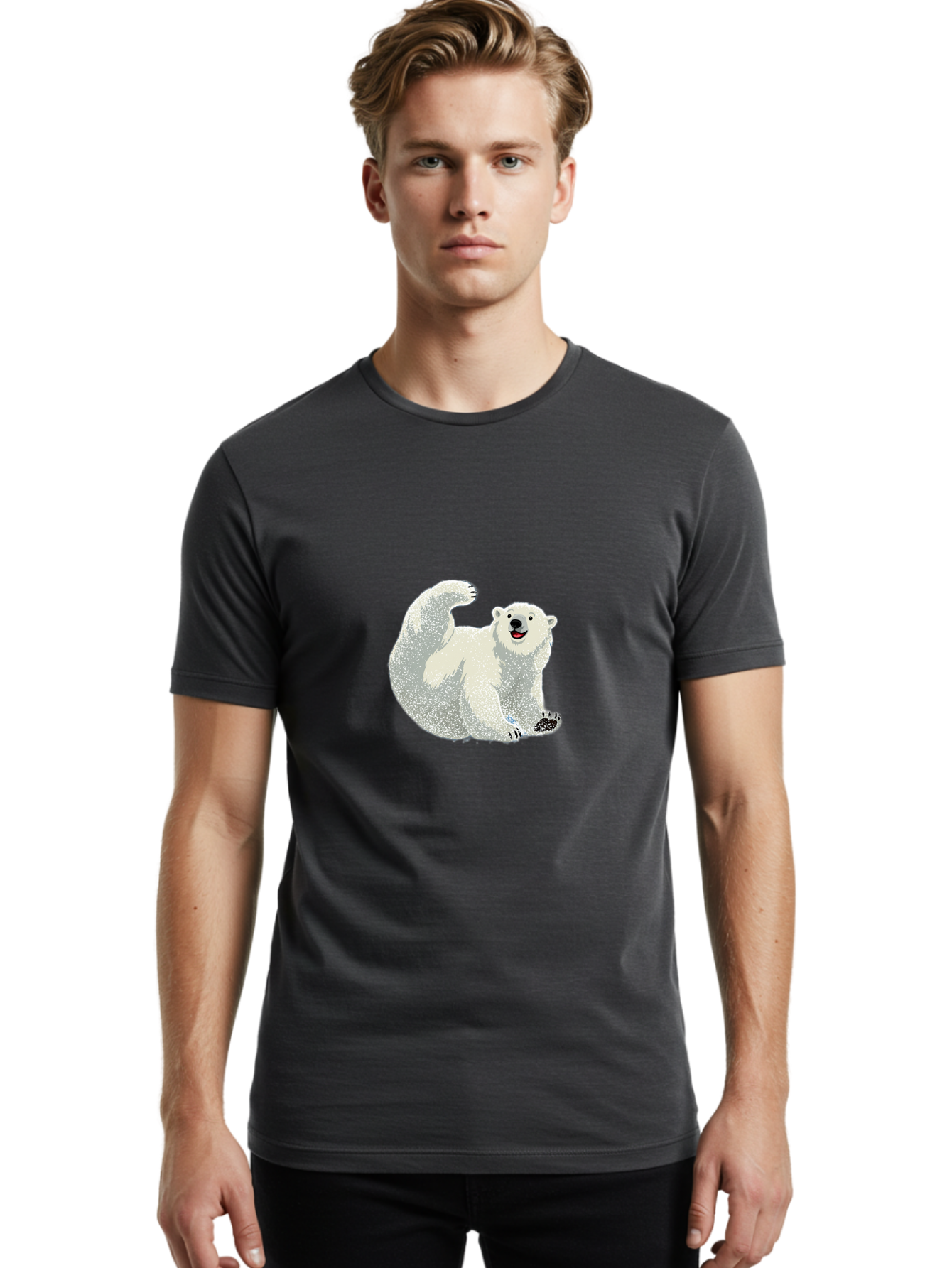 Polar-Bear-8 Men'S Graphic Tee, 100% Cotton, Comfortable Casual Summer Wear, Machine Washable, Polar Bear, Cartoon Polar Bear, White Bear, Playful Bear, Happy Bear, Bear With One Paw Up, Wild Animal, Cute Bear, Bear Illustration Bae645