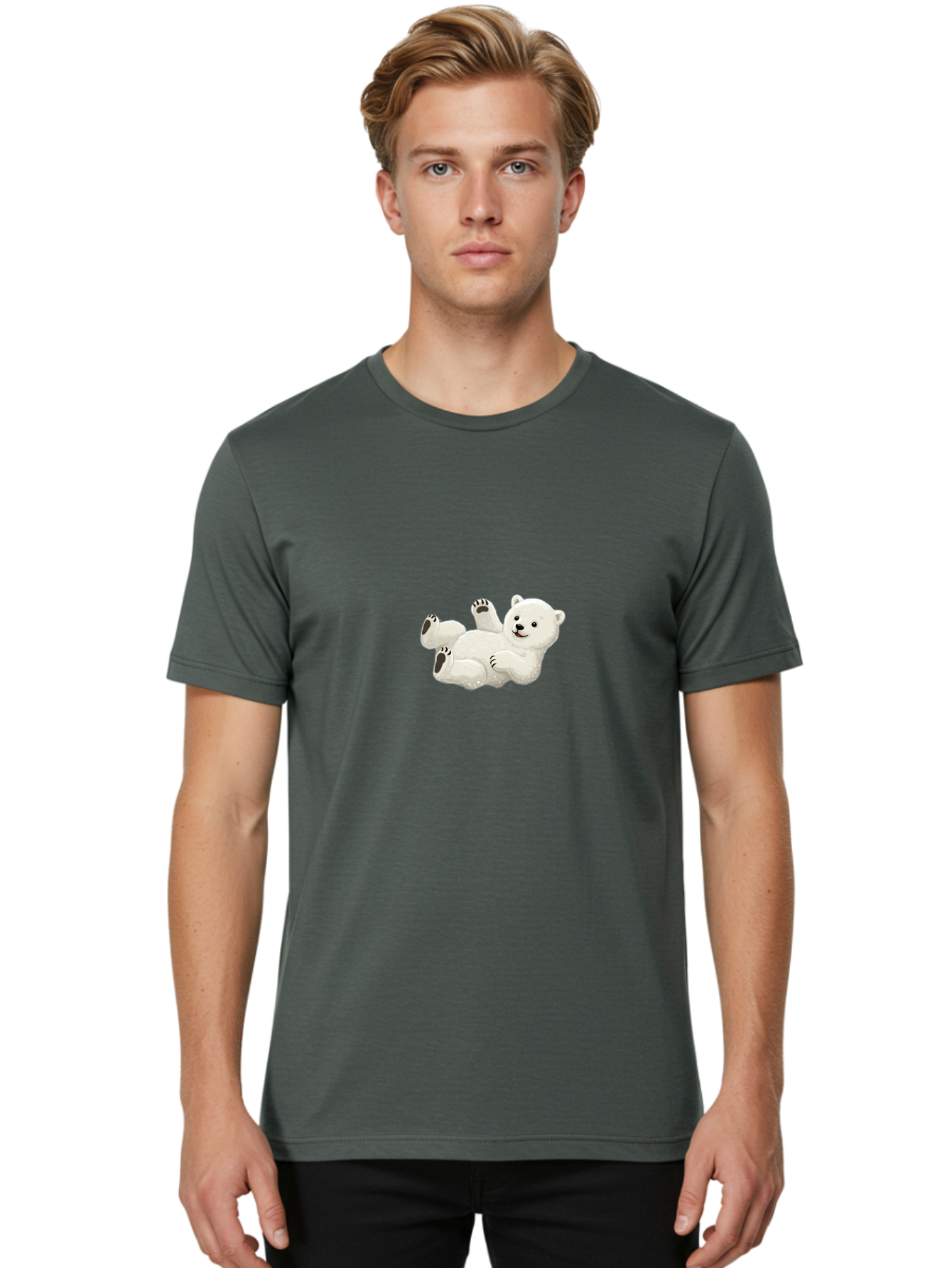Polar-Bear-9 Men'S Graphic Tee, 100% Cotton, Comfortable Casual Summer Wear, Machine Washable, Polar Bear Lying On Its Back, Playful Pose, Cute Expression, White Fur, Black Nose, Cartoon Style, Adorable Animal, Funny Character, Bae646