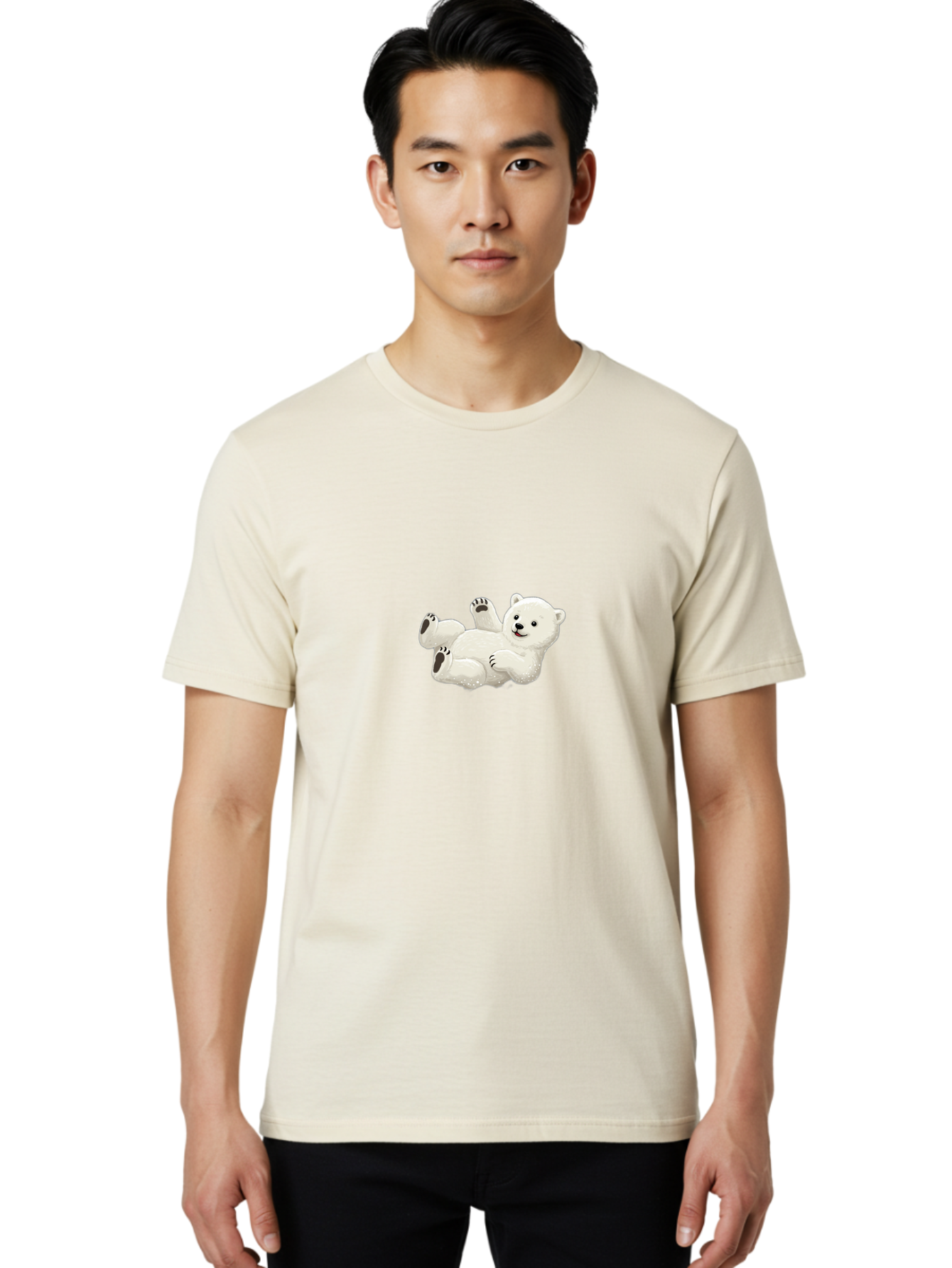 Polar-Bear-9 Men'S Graphic Tee, 100% Cotton, Comfortable Casual Summer Wear, Machine Washable, Polar Bear Lying On Its Back, Playful Pose, Cute Expression, White Fur, Black Nose, Cartoon Style, Adorable Animal, Funny Character, Bae646