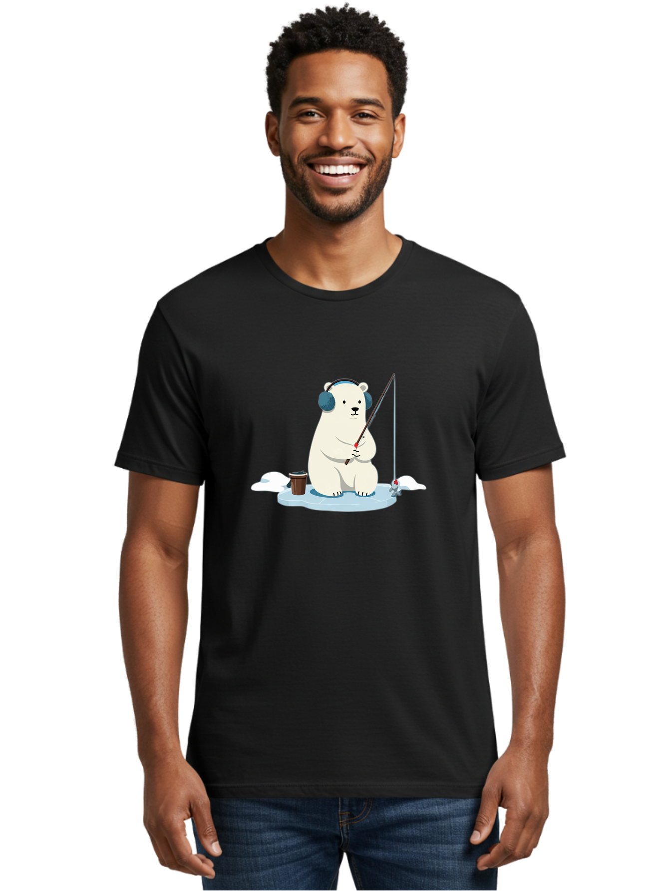 Polar-Bear-Fishing Men'S Graphic Tee, 100% Cotton, Comfortable Casual Summer Wear, Machine Washable, Polar Bear With Headphones, Fishing On Ice, Ice Floe, Fishing Rod, Cartoon Character, Winter Activity, Frozen Landscape, Fishing Bucket, Bae647