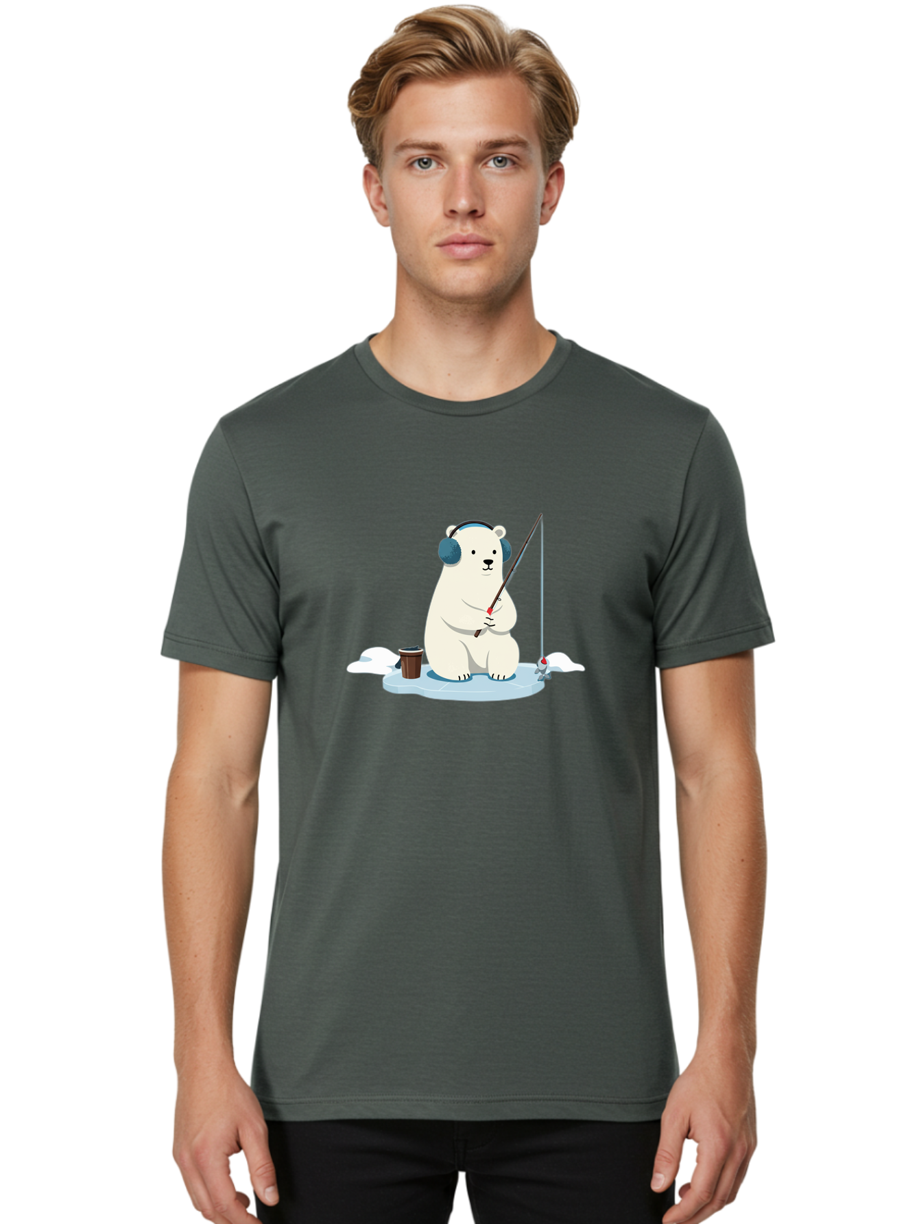 Polar-Bear-Fishing Men'S Graphic Tee, 100% Cotton, Comfortable Casual Summer Wear, Machine Washable, Polar Bear With Headphones, Fishing On Ice, Ice Floe, Fishing Rod, Cartoon Character, Winter Activity, Frozen Landscape, Fishing Bucket, Bae647
