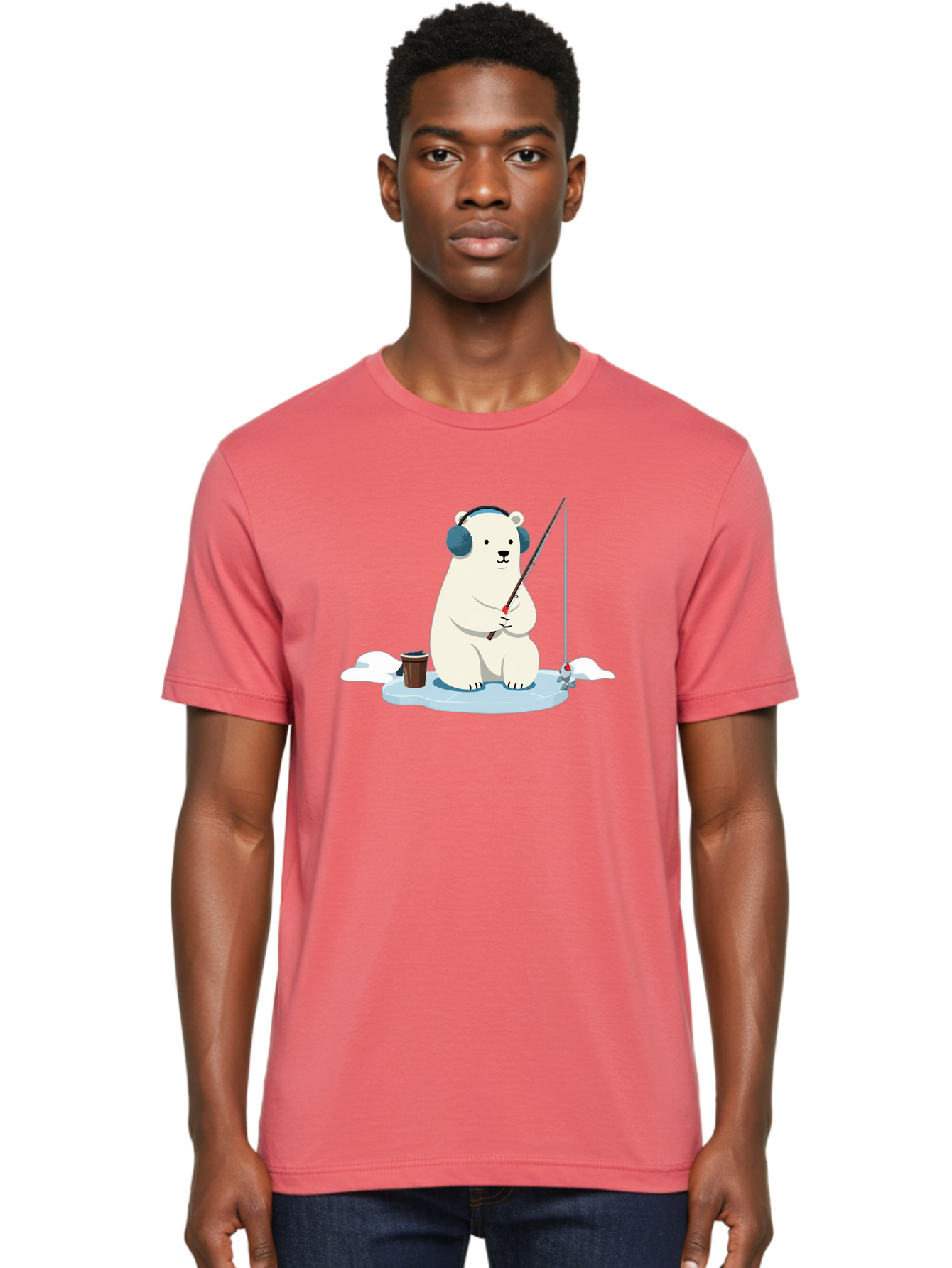 Polar-Bear-Fishing Men'S Graphic Tee, 100% Cotton, Comfortable Casual Summer Wear, Machine Washable, Polar Bear With Headphones, Fishing On Ice, Ice Floe, Fishing Rod, Cartoon Character, Winter Activity, Frozen Landscape, Fishing Bucket, Bae647