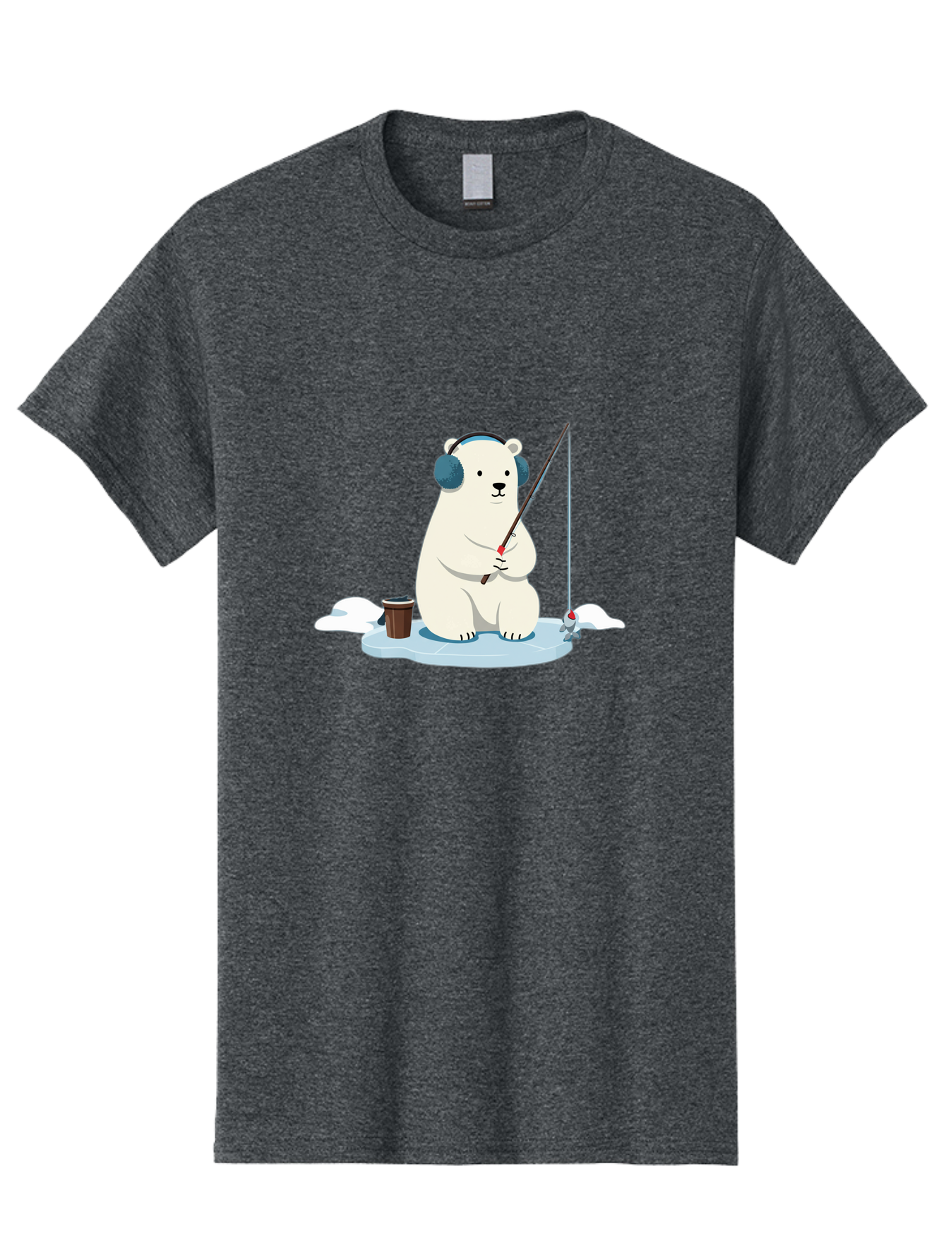 Polar-Bear-Fishing Men'S Graphic Tee, 100% Cotton, Comfortable Casual Summer Wear, Machine Washable, Polar Bear With Headphones, Fishing On Ice, Ice Floe, Fishing Rod, Cartoon Character, Winter Activity, Frozen Landscape, Fishing Bucket, Bae647