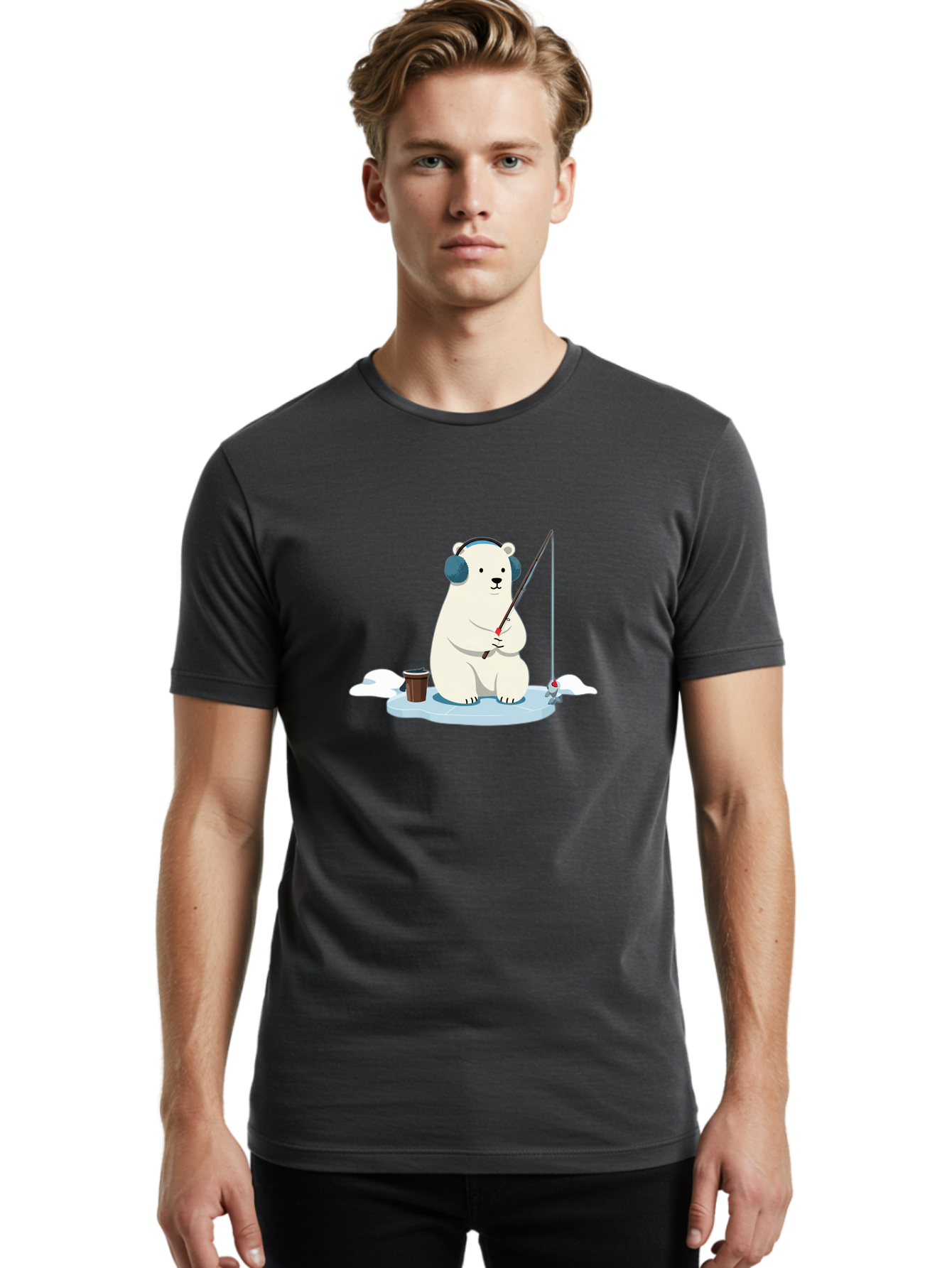 Polar-Bear-Fishing Men'S Graphic Tee, 100% Cotton, Comfortable Casual Summer Wear, Machine Washable, Polar Bear With Headphones, Fishing On Ice, Ice Floe, Fishing Rod, Cartoon Character, Winter Activity, Frozen Landscape, Fishing Bucket, Bae647