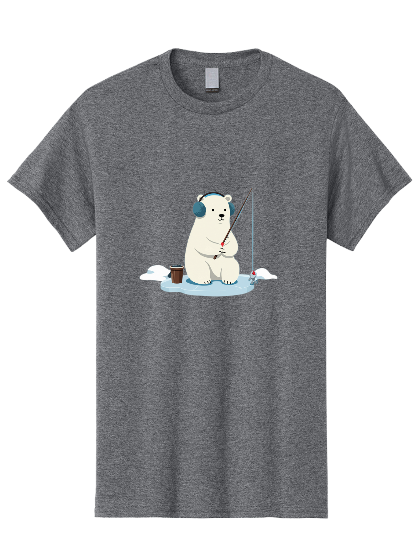 Polar-Bear-Fishing Men'S Graphic Tee, 100% Cotton, Comfortable Casual Summer Wear, Machine Washable, Polar Bear With Headphones, Fishing On Ice, Ice Floe, Fishing Rod, Cartoon Character, Winter Activity, Frozen Landscape, Fishing Bucket, Bae647