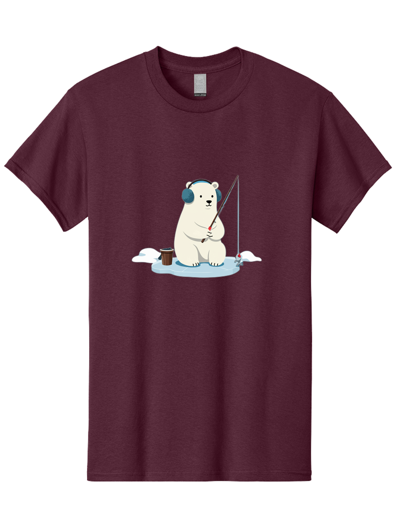 Polar-Bear-Fishing Men'S Graphic Tee, 100% Cotton, Comfortable Casual Summer Wear, Machine Washable, Polar Bear With Headphones, Fishing On Ice, Ice Floe, Fishing Rod, Cartoon Character, Winter Activity, Frozen Landscape, Fishing Bucket, Bae647