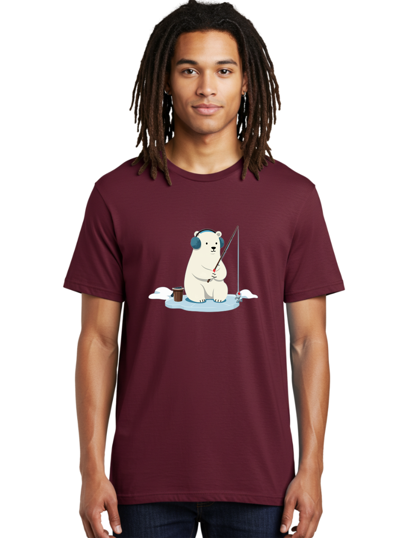 Polar-Bear-Fishing Men'S Graphic Tee, 100% Cotton, Comfortable Casual Summer Wear, Machine Washable, Polar Bear With Headphones, Fishing On Ice, Ice Floe, Fishing Rod, Cartoon Character, Winter Activity, Frozen Landscape, Fishing Bucket, Bae647