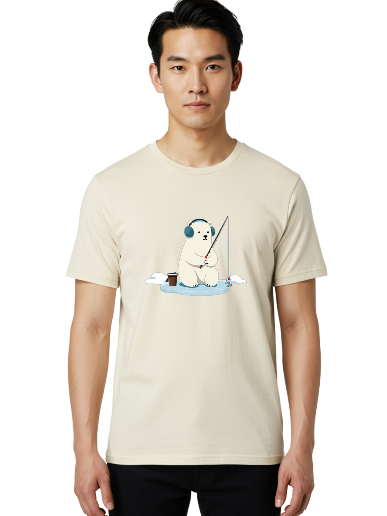 Polar-Bear-Fishing Men'S Graphic Tee, 100% Cotton, Comfortable Casual Summer Wear, Machine Washable, Polar Bear With Headphones, Fishing On Ice, Ice Floe, Fishing Rod, Cartoon Character, Winter Activity, Frozen Landscape, Fishing Bucket, Bae647