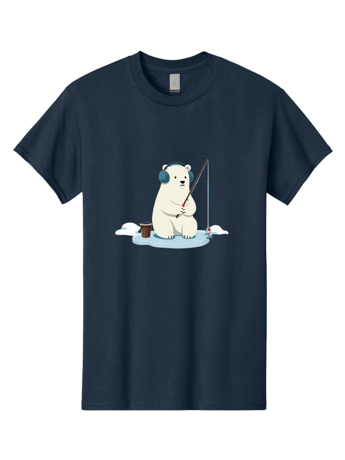 Polar-Bear-Fishing Men'S Graphic Tee, 100% Cotton, Comfortable Casual Summer Wear, Machine Washable, Polar Bear With Headphones, Fishing On Ice, Ice Floe, Fishing Rod, Cartoon Character, Winter Activity, Frozen Landscape, Fishing Bucket, Bae647