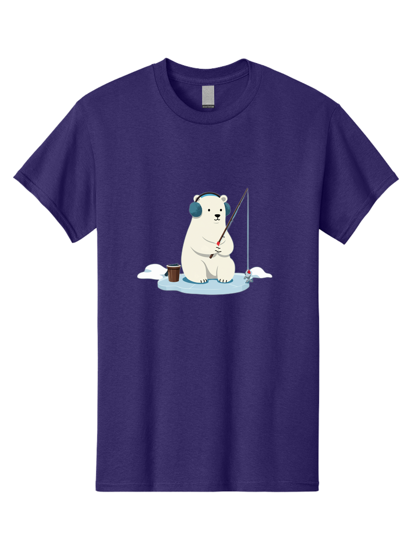 Polar-Bear-Fishing Men'S Graphic Tee, 100% Cotton, Comfortable Casual Summer Wear, Machine Washable, Polar Bear With Headphones, Fishing On Ice, Ice Floe, Fishing Rod, Cartoon Character, Winter Activity, Frozen Landscape, Fishing Bucket, Bae647