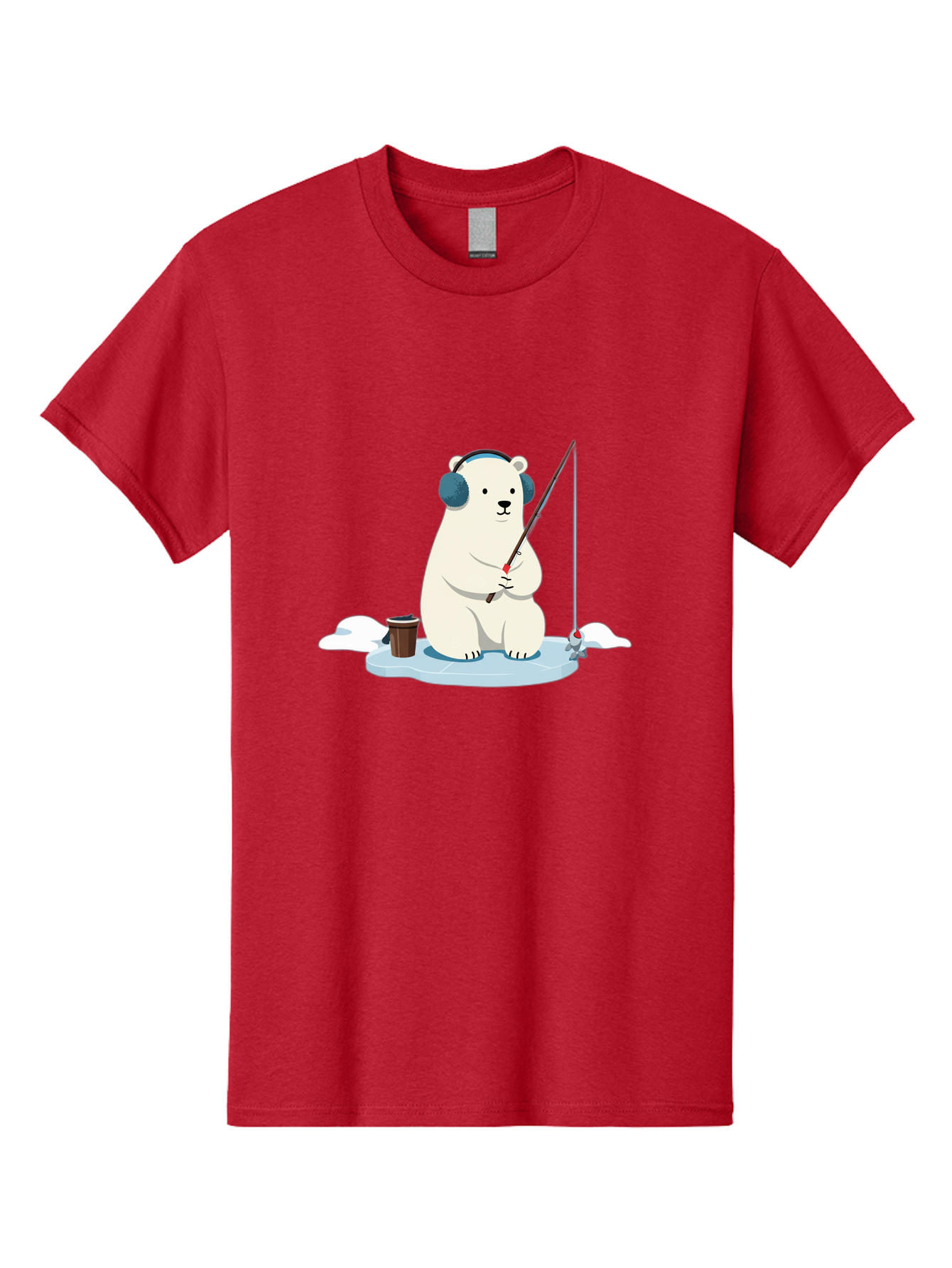Polar-Bear-Fishing Men'S Graphic Tee, 100% Cotton, Comfortable Casual Summer Wear, Machine Washable, Polar Bear With Headphones, Fishing On Ice, Ice Floe, Fishing Rod, Cartoon Character, Winter Activity, Frozen Landscape, Fishing Bucket, Bae647