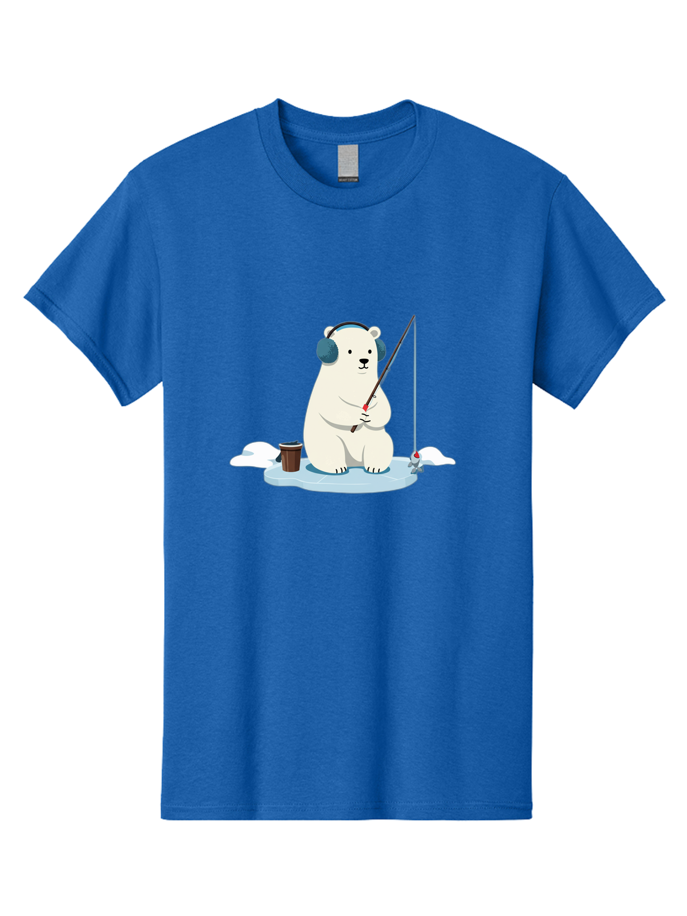 Polar-Bear-Fishing Men'S Graphic Tee, 100% Cotton, Comfortable Casual Summer Wear, Machine Washable, Polar Bear With Headphones, Fishing On Ice, Ice Floe, Fishing Rod, Cartoon Character, Winter Activity, Frozen Landscape, Fishing Bucket, Bae647