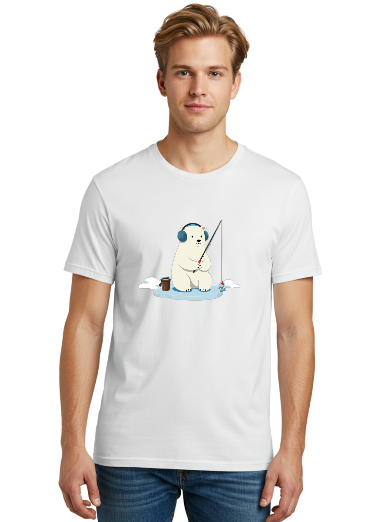 Polar-Bear-Fishing Men'S Graphic Tee, 100% Cotton, Comfortable Casual Summer Wear, Machine Washable, Polar Bear With Headphones, Fishing On Ice, Ice Floe, Fishing Rod, Cartoon Character, Winter Activity, Frozen Landscape, Fishing Bucket, Bae647
