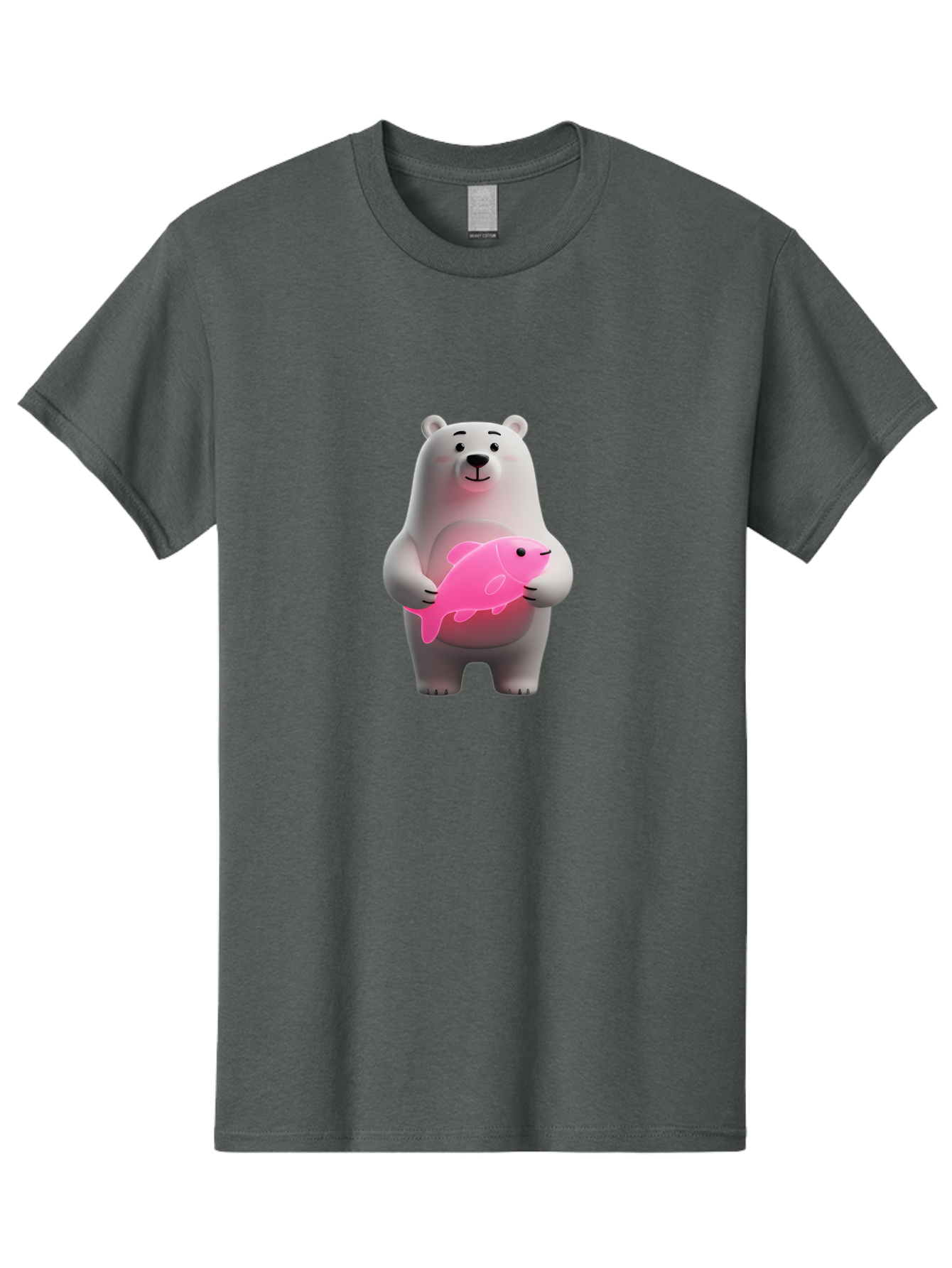 Polar-Bear-Holding-Fish-1 Men'S Graphic Tee, 100% Cotton, Comfortable Casual Summer Wear, Machine Washable, Cartoon Polar Bear, Cute Illustration, White Bear, Pink Fish, Adorable Scene, Kawaii Art, Digital Character, Smiling Bear, Holding Fish Bae648