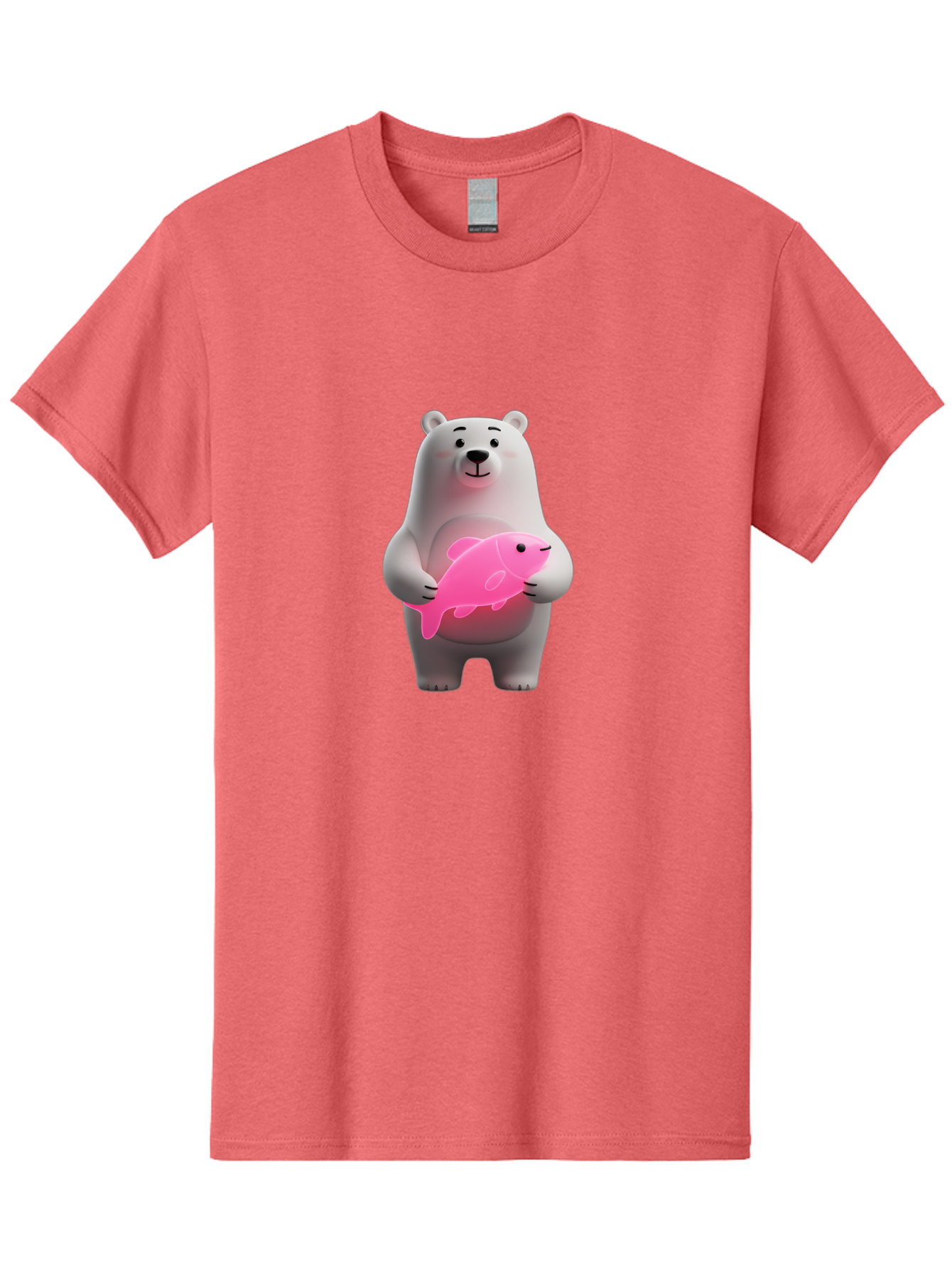 Polar-Bear-Holding-Fish-1 Men'S Graphic Tee, 100% Cotton, Comfortable Casual Summer Wear, Machine Washable, Cartoon Polar Bear, Cute Illustration, White Bear, Pink Fish, Adorable Scene, Kawaii Art, Digital Character, Smiling Bear, Holding Fish Bae648