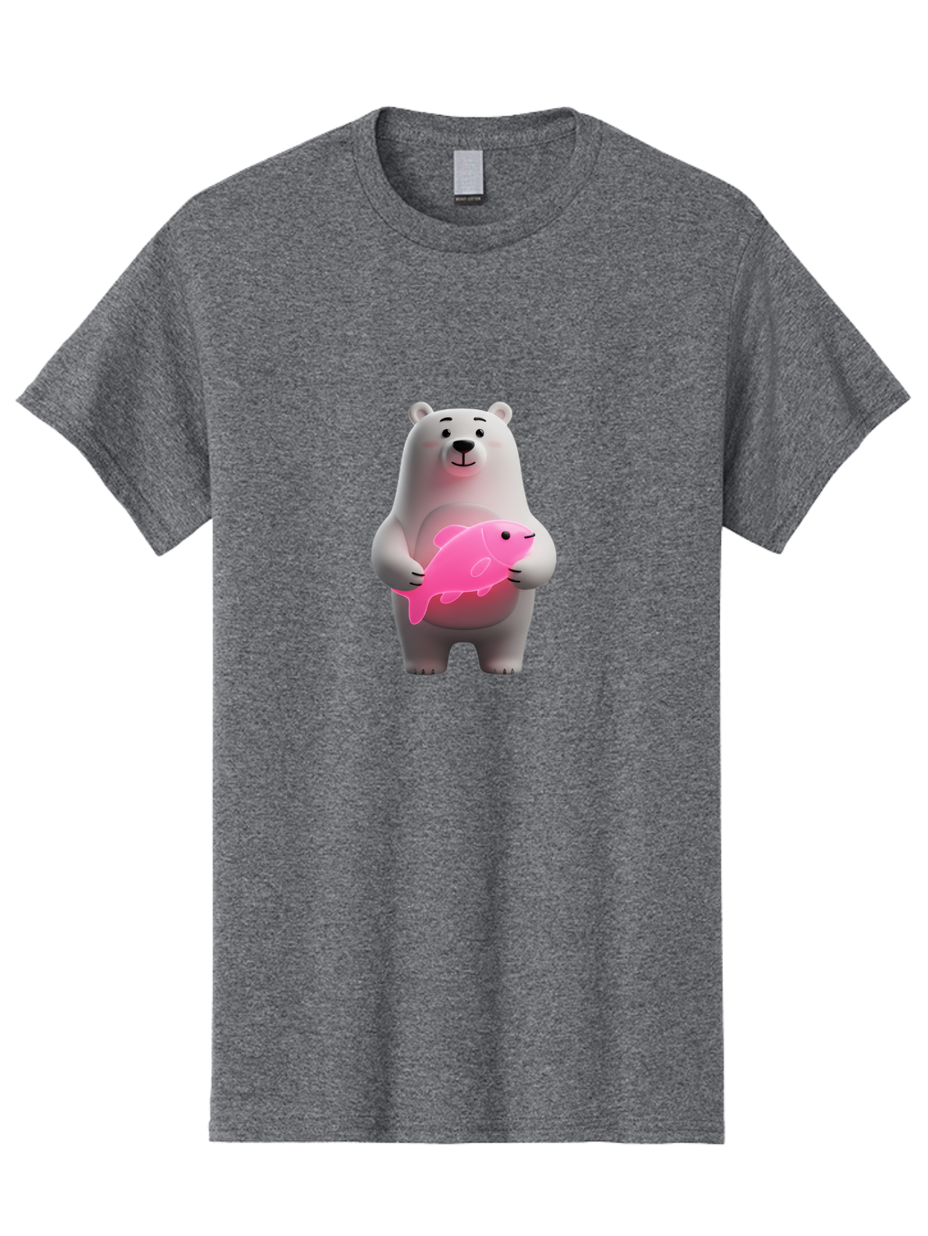 Polar-Bear-Holding-Fish-1 Men'S Graphic Tee, 100% Cotton, Comfortable Casual Summer Wear, Machine Washable, Cartoon Polar Bear, Cute Illustration, White Bear, Pink Fish, Adorable Scene, Kawaii Art, Digital Character, Smiling Bear, Holding Fish Bae648
