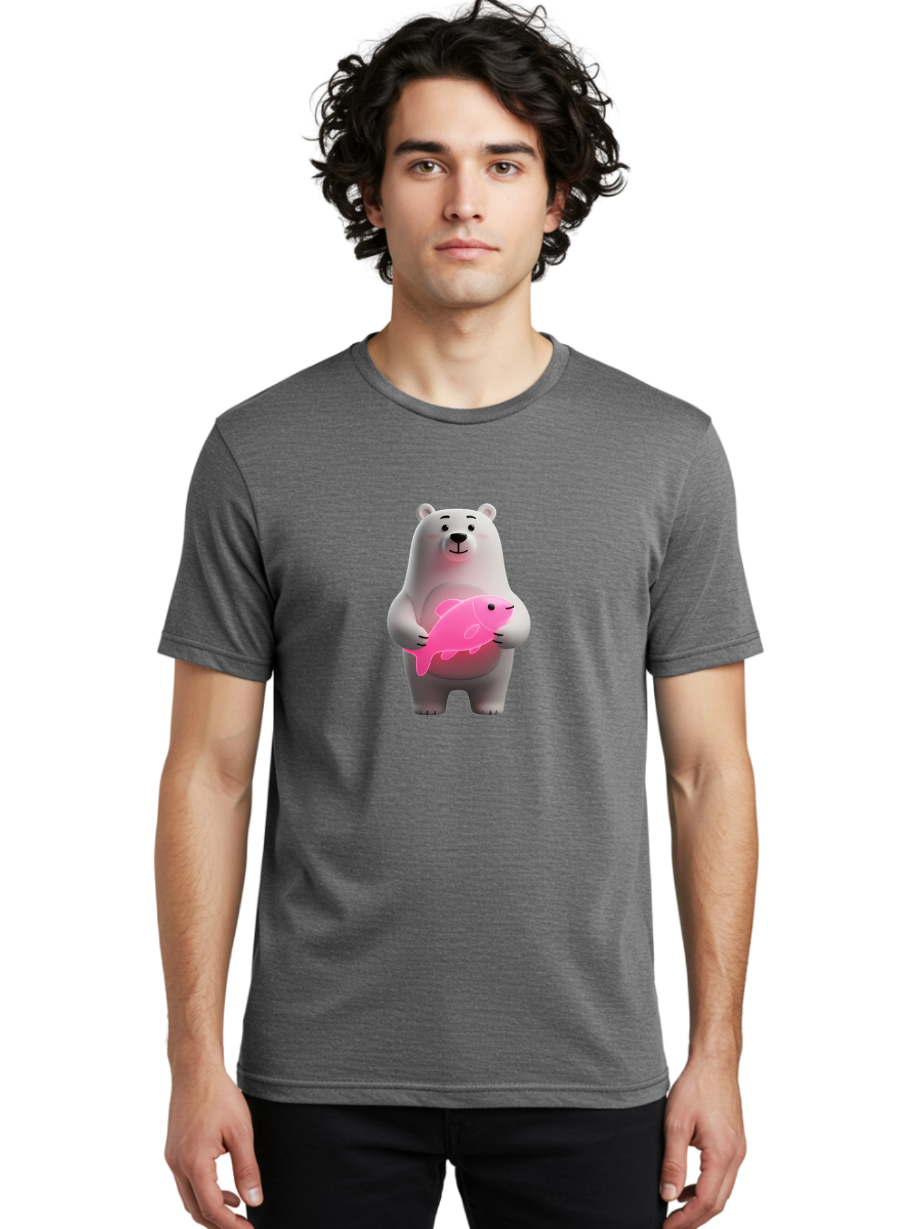 Polar-Bear-Holding-Fish-1 Men'S Graphic Tee, 100% Cotton, Comfortable Casual Summer Wear, Machine Washable, Cartoon Polar Bear, Cute Illustration, White Bear, Pink Fish, Adorable Scene, Kawaii Art, Digital Character, Smiling Bear, Holding Fish Bae648